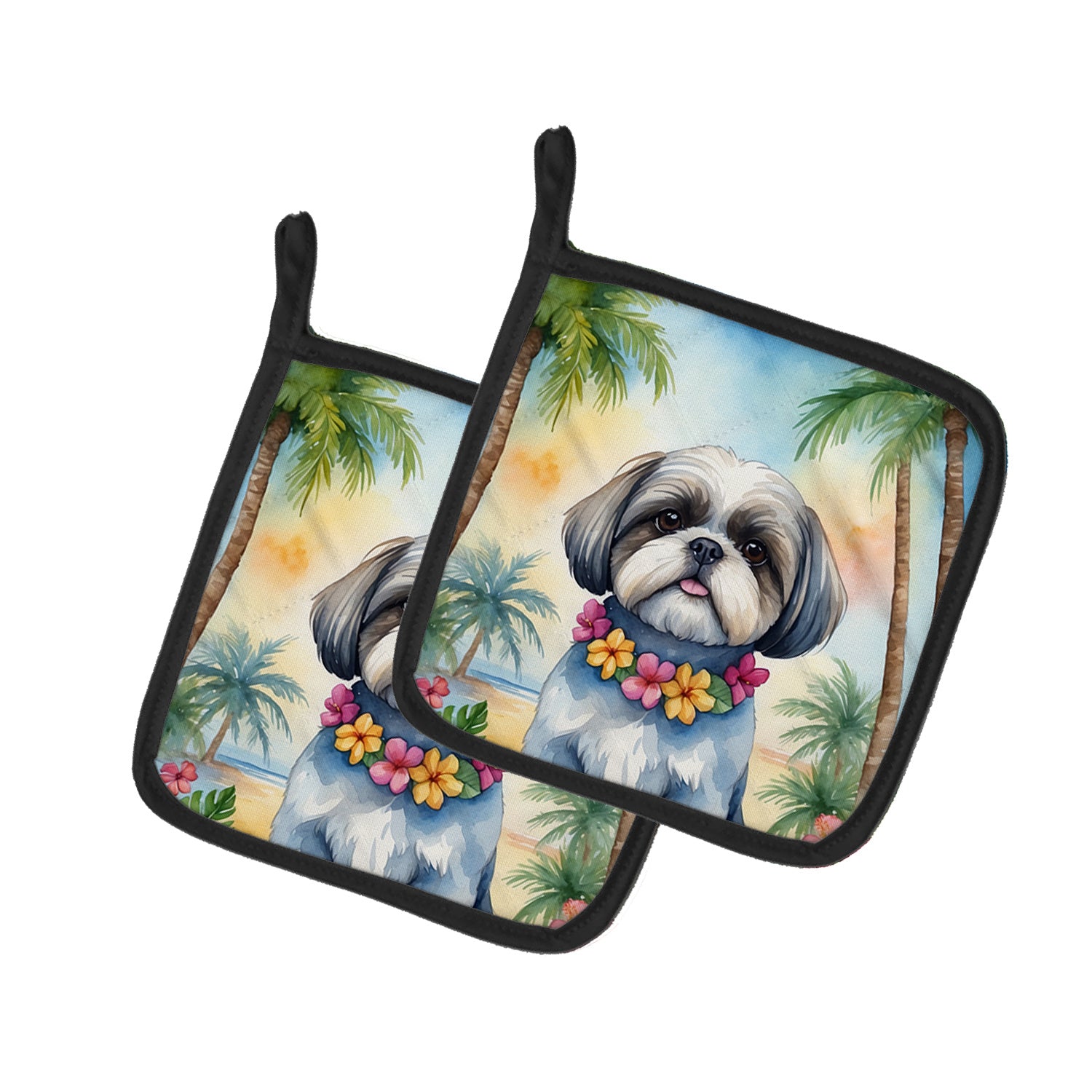 Shih Tzu Luau Pair of Pot Holders Kitchen Heat Resistant Pot Holders Sets Oven Hot Pads for Cooking Baking BBQ, 7 1/2 x 7 1/2