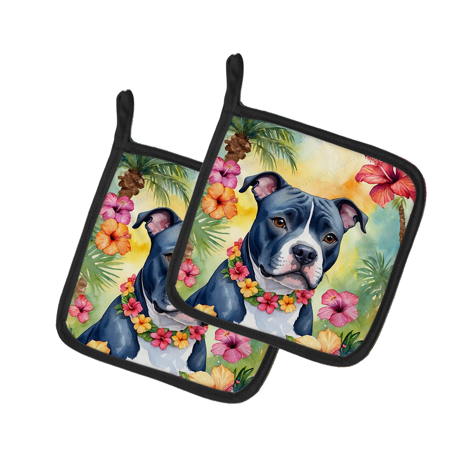 NEW Staffordshire Bull Terrier Luau Pair of Pot Holders Kitchen Heat Resistant Pot Holders Sets Oven Hot Pads for Cooking Baking BBQ, 7 1/2 x 7 1/2