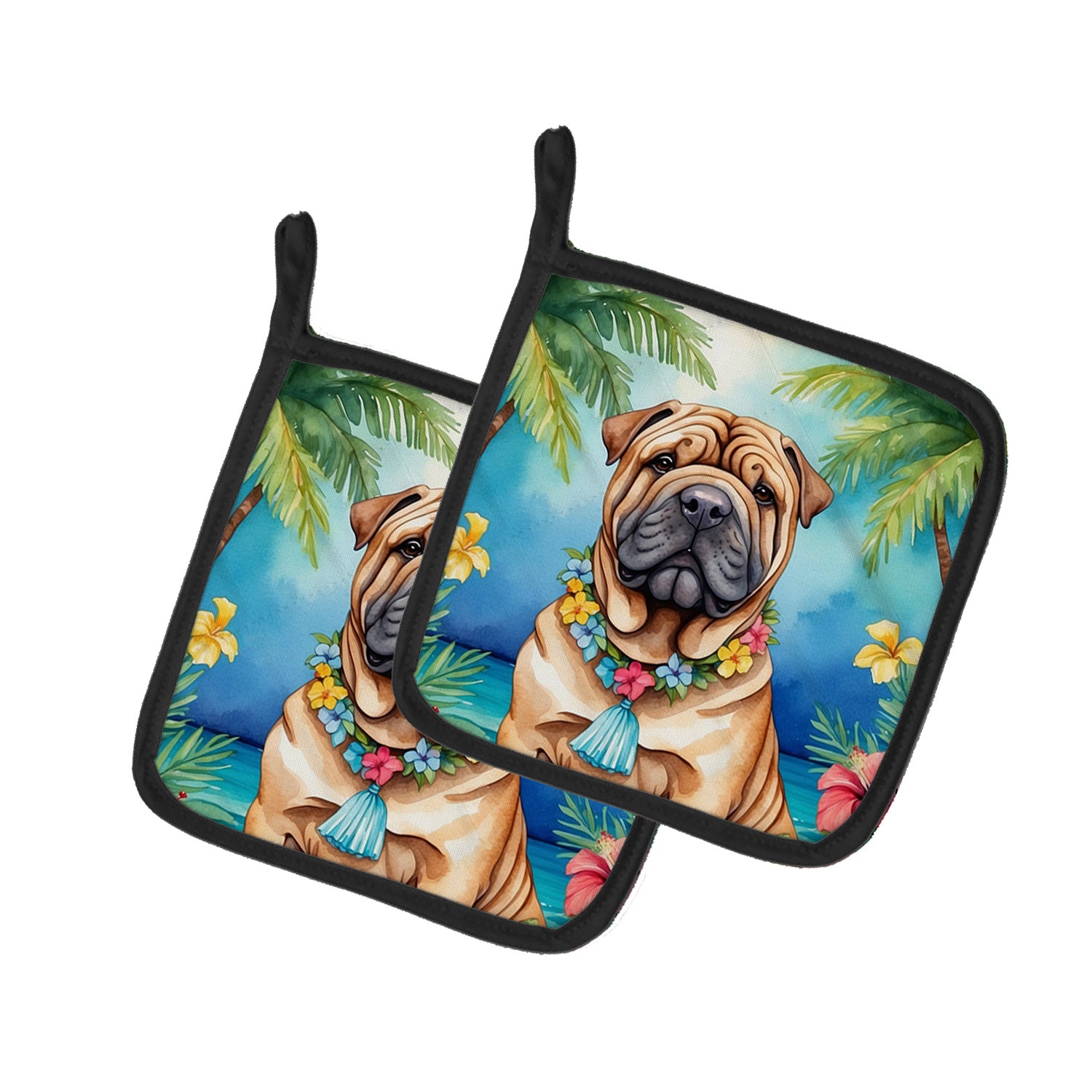 Shar Pei Luau Pair of Pot Holders Kitchen Heat Resistant Pot Holders Sets Oven Hot Pads for Cooking Baking BBQ, 7 1/2 x 7 1/2