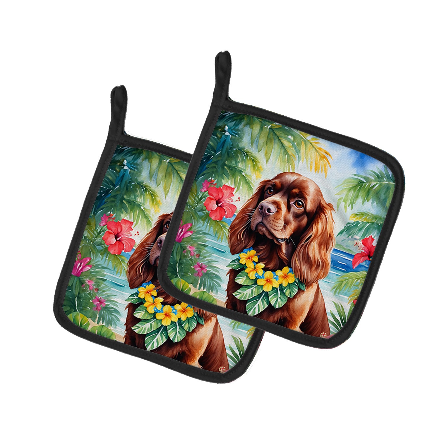 Sussex Spaniel Luau Pair of Pot Holders Kitchen Heat Resistant Pot Holders Sets Oven Hot Pads for Cooking Baking BBQ, 7 1/2 x 7 1/2