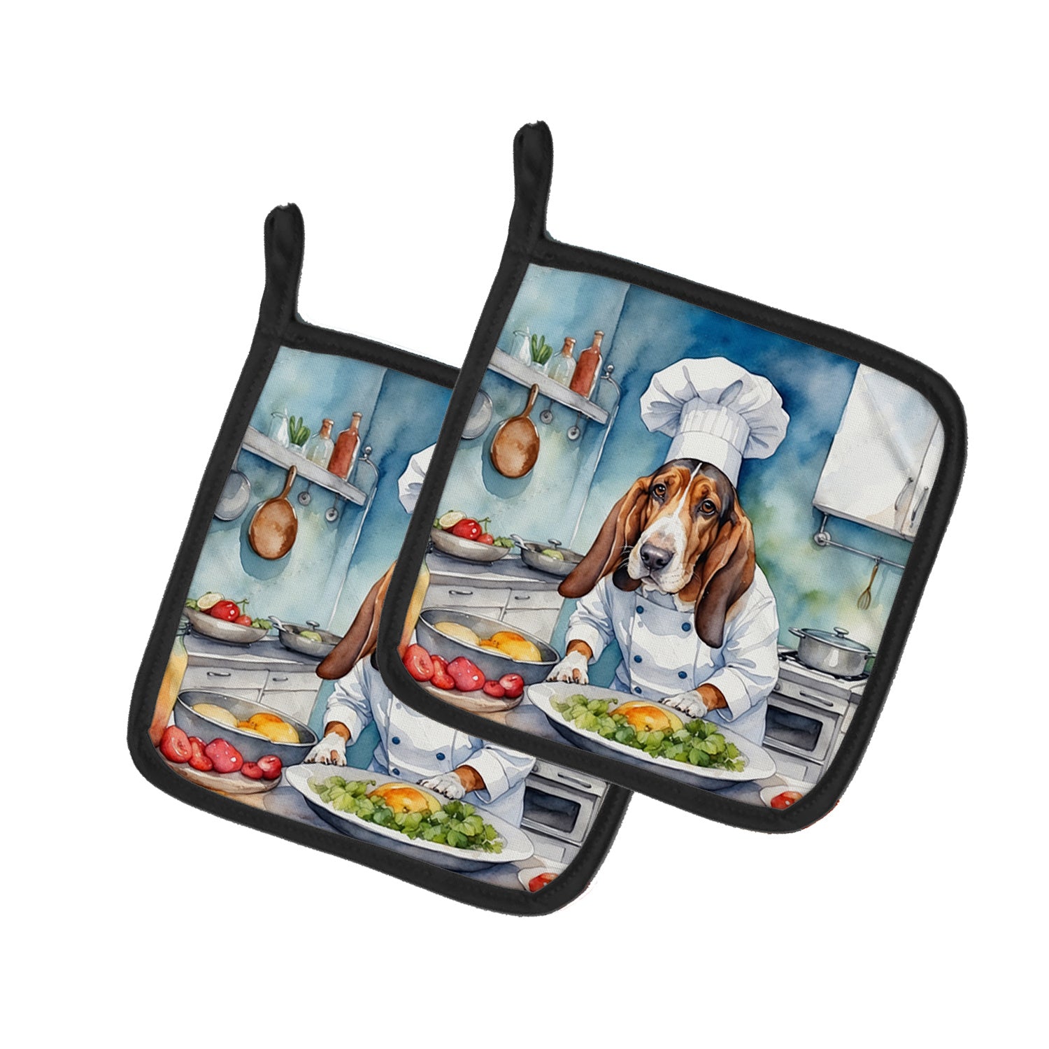 Basset Hound The Chef Pair of Pot Holders Kitchen Heat Resistant Pot Holders Sets Oven Hot Pads for Cooking Baking BBQ, 7 1/2 x 7 1/2