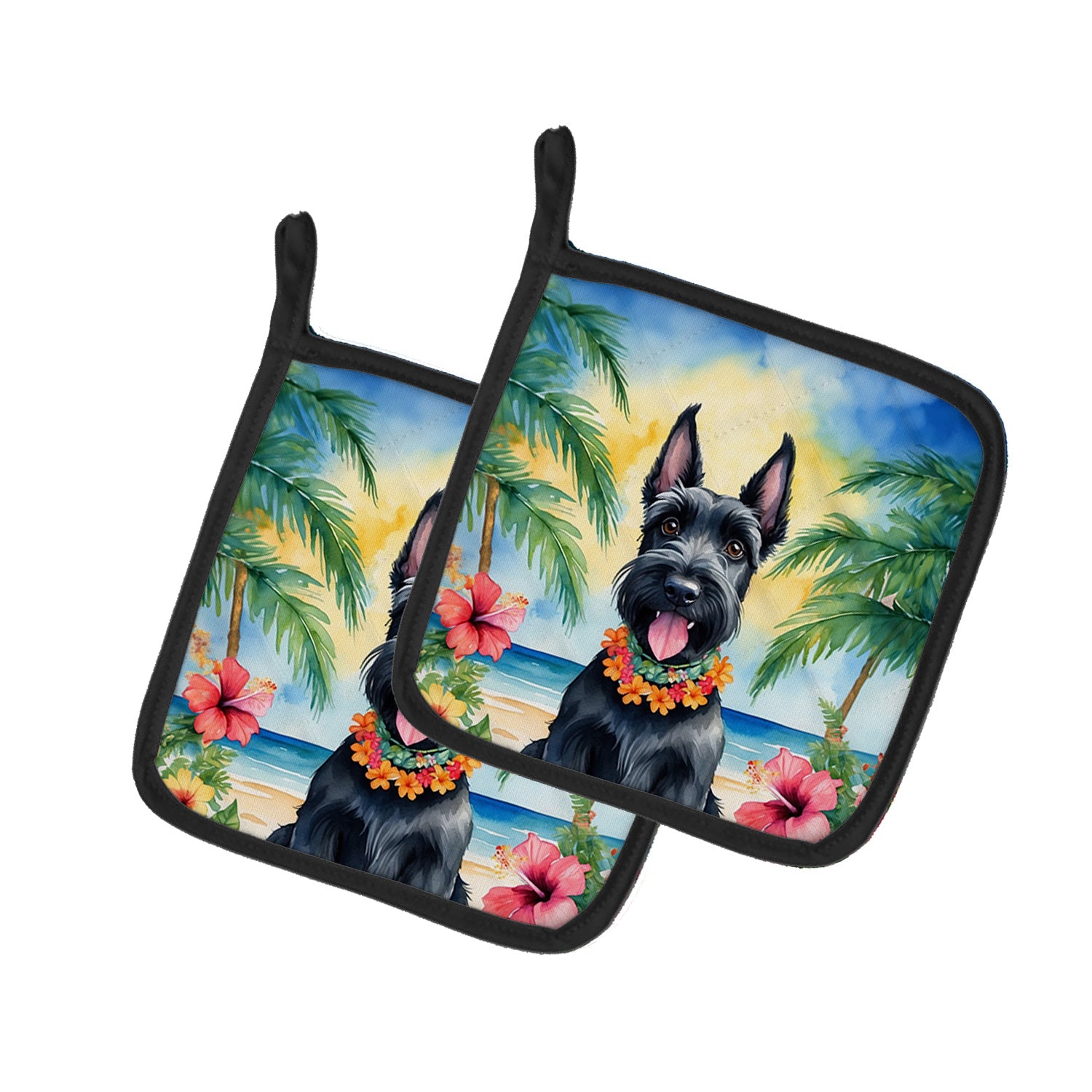 Scottish Terrier Luau Pair of Pot Holders Kitchen Heat Resistant Pot Holders Sets Oven Hot Pads for Cooking Baking BBQ, 7 1/2 x 7 1/2