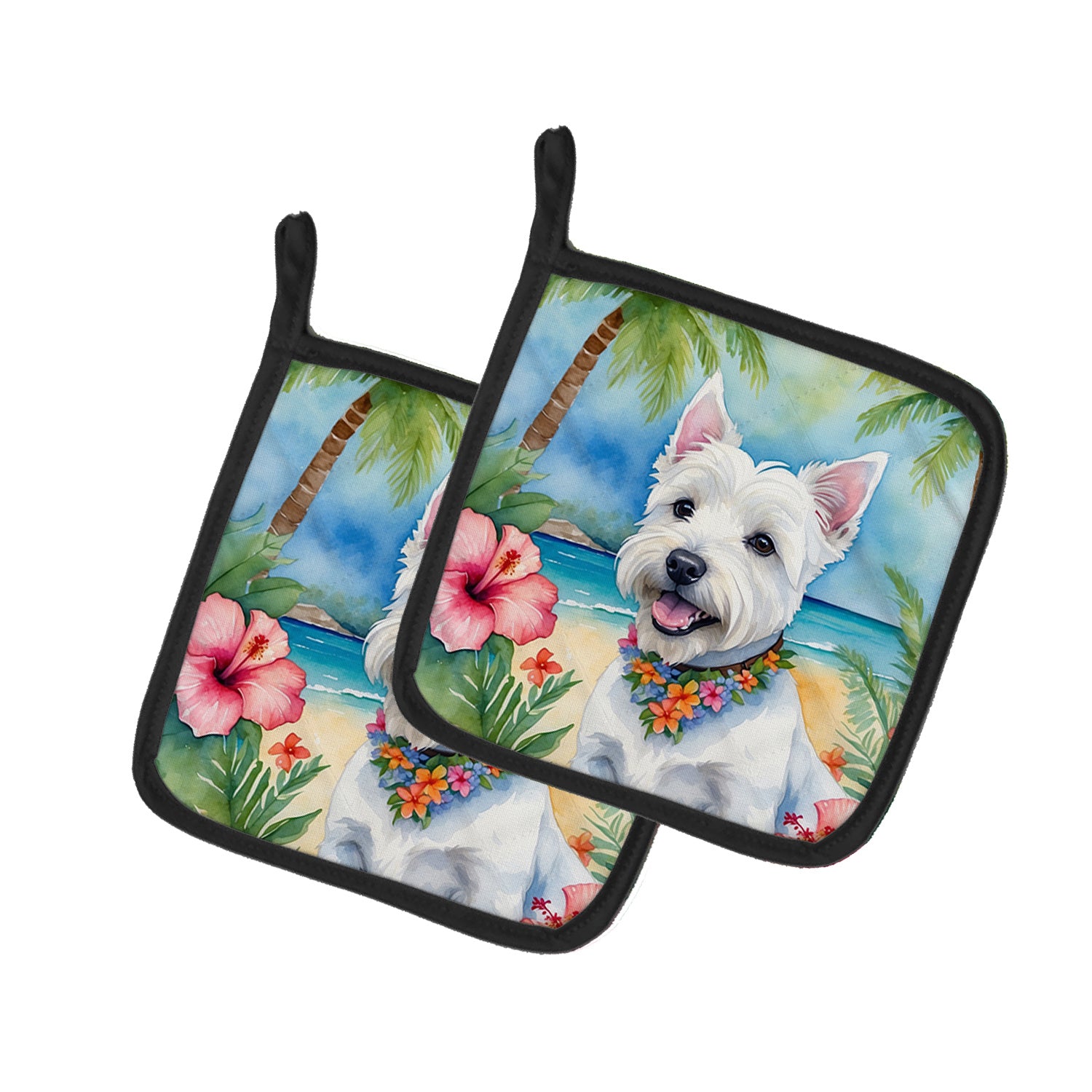 Westie Luau Pair of Pot Holders Kitchen Heat Resistant Pot Holders Sets Oven Hot Pads for Cooking Baking BBQ, 7 1/2 x 7 1/2