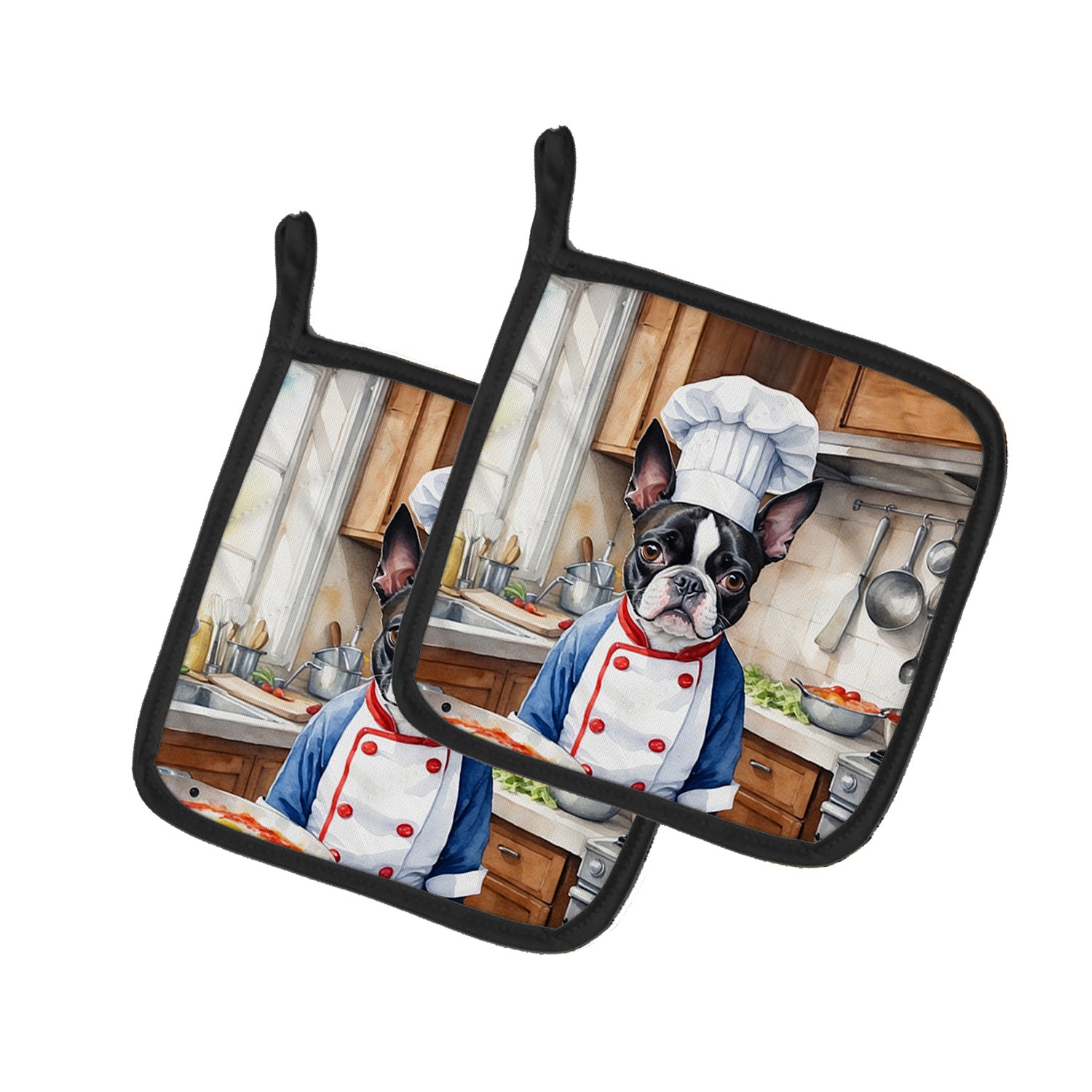 Boston Terrier The Chef Pair of Pot Holders Kitchen Heat Resistant Pot Holders Sets Oven Hot Pads for Cooking Baking BBQ, 7 1/2 x 7 1/2