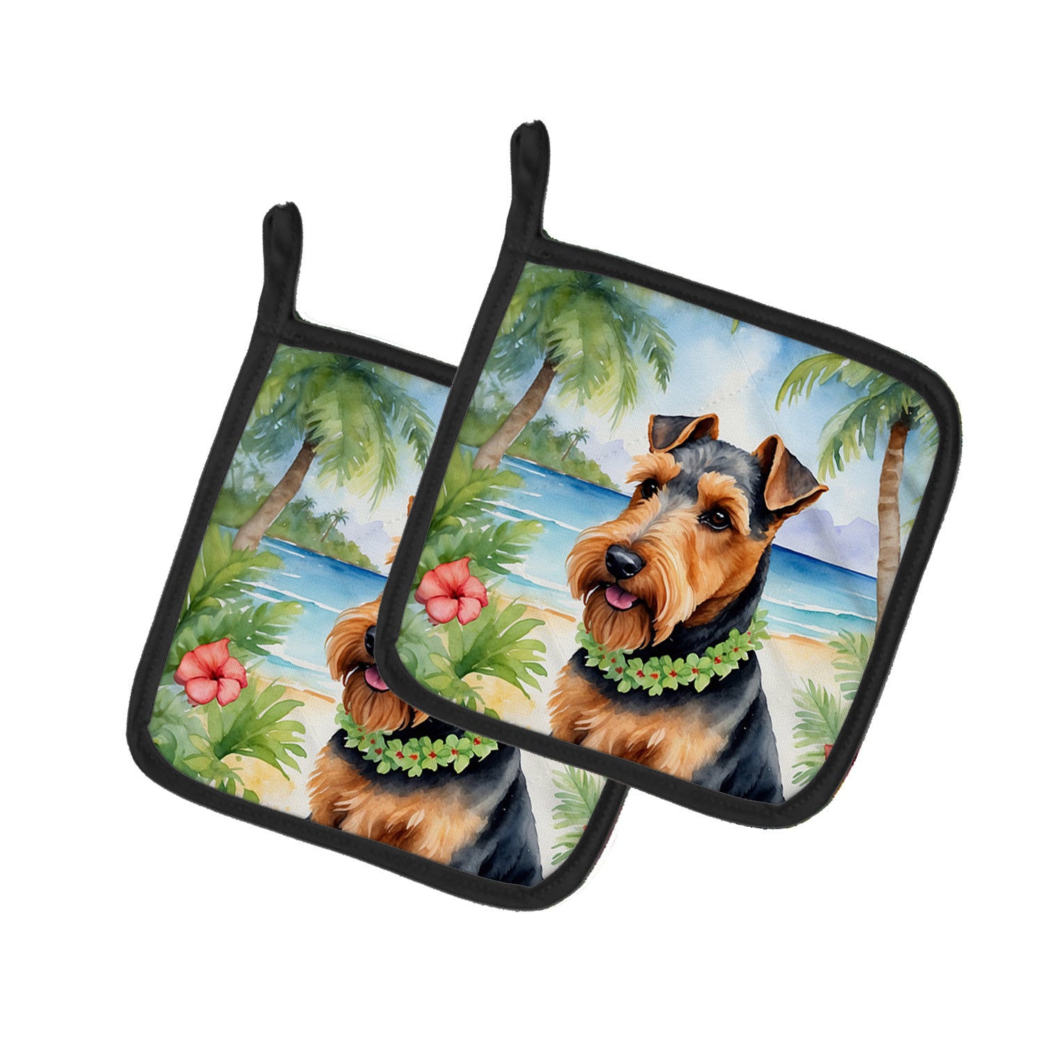 Welsh Terrier Luau Pair of Pot Holders Kitchen Heat Resistant Pot Holders Sets Oven Hot Pads for Cooking Baking BBQ, 7 1/2 x 7 1/2