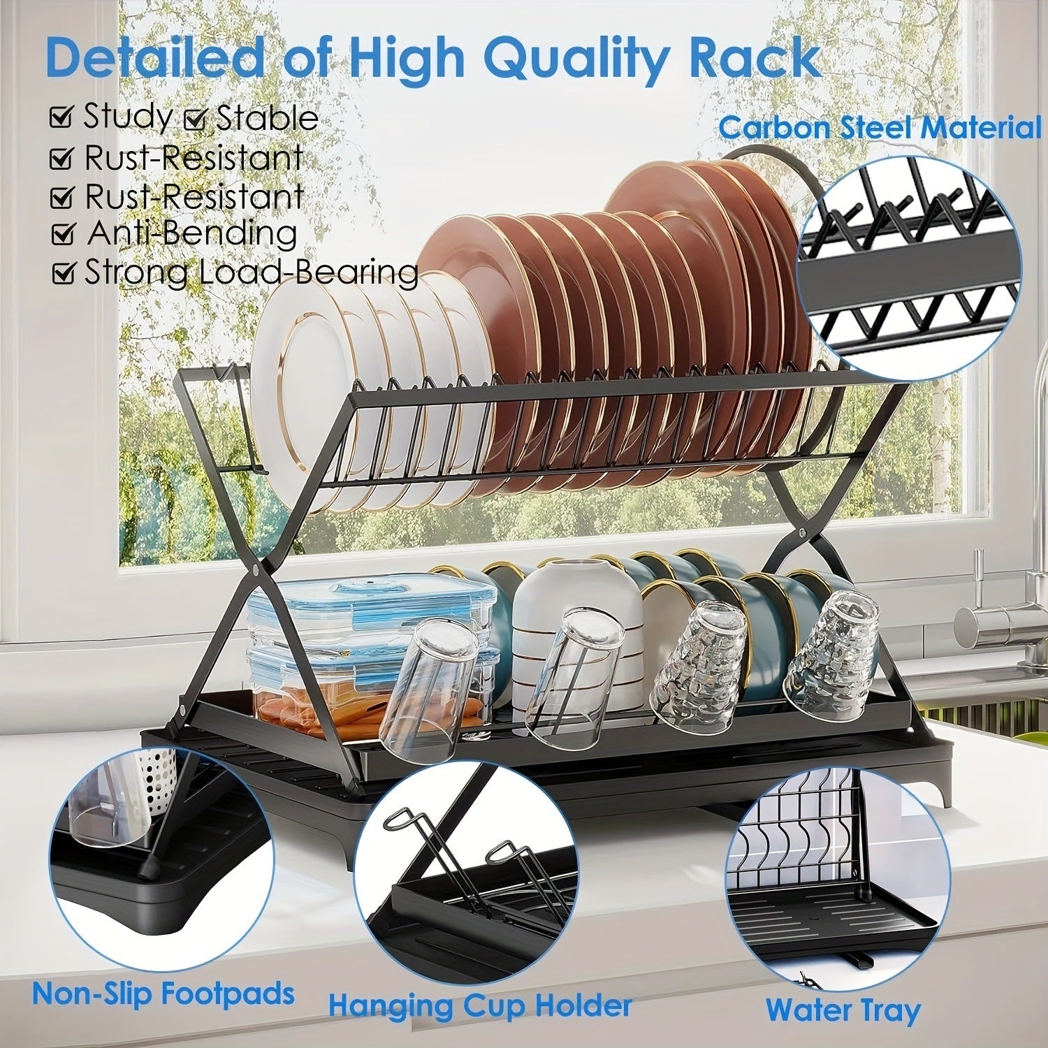 2-layer bowl and dish drying rack with bowl, cup, and basin holder, foldable bowl and dish drain rack, suitable for kitchen countertops, rust proof tableware rack with drain plate, black