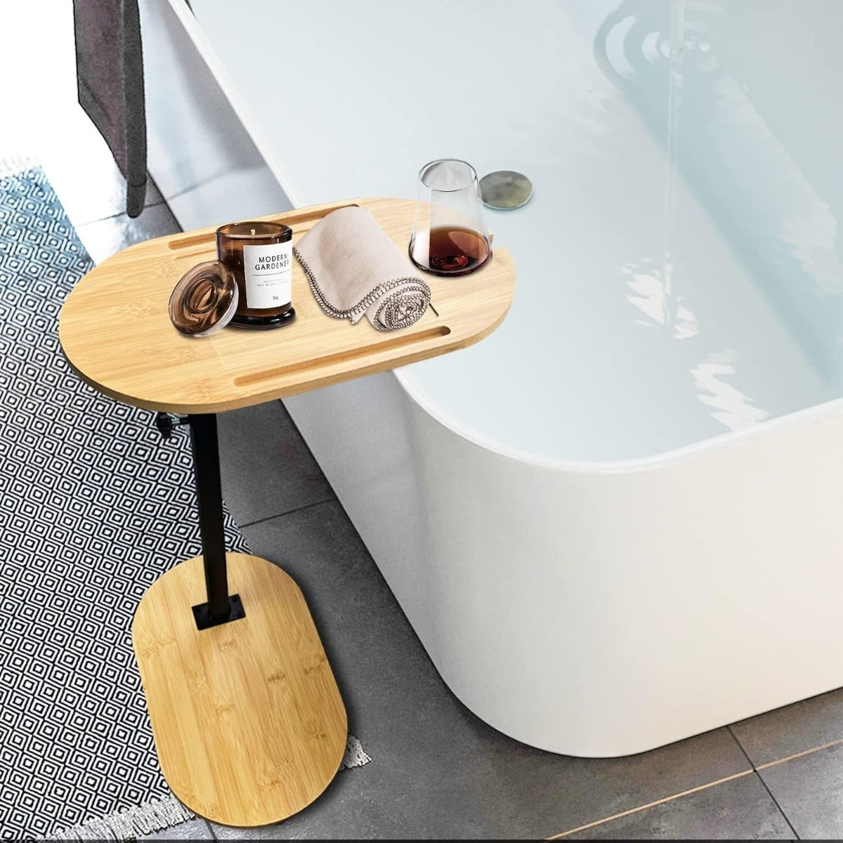 Bamboo bathtub tray table with adjustable height bathtub edge table, portable independent tray bathtub rack, suitable for luxury bathrooms, home spa, natural tables, and black base