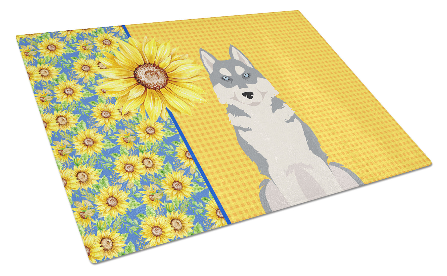 Summer Sunflowers Grey Siberian Husky Glass Cutting Board Decorative Tempered Glass Kitchen Cutting and Serving Board Large Size Chopping Board