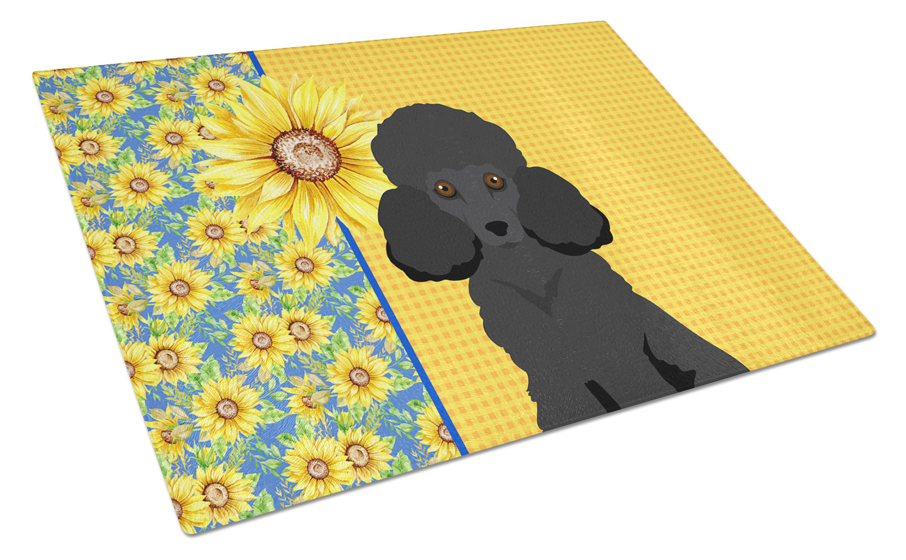 Summer Sunflowers Toy Black Poodle Glass Cutting Board Decorative Tempered Glass Kitchen Cutting and Serving Board Large Size Chopping Board