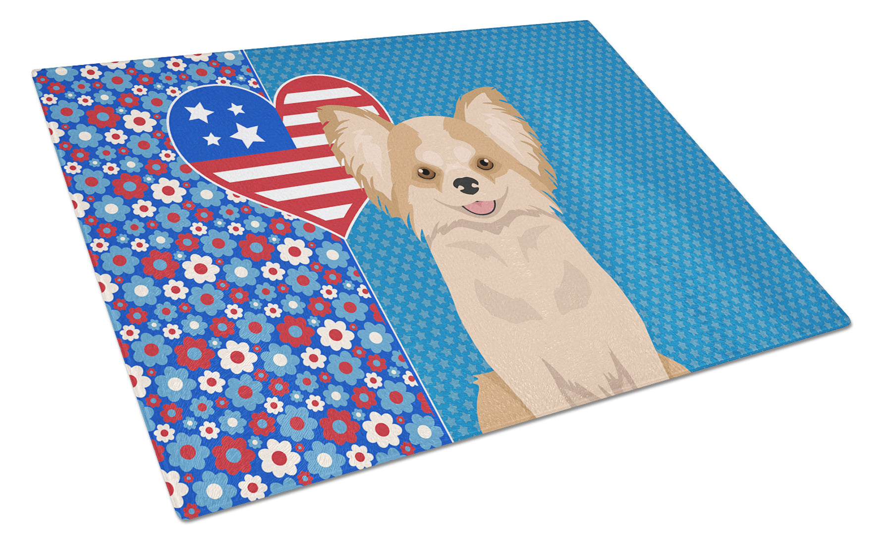 Longhaired Gold and White Chihuahua USA American Glass Cutting Board Decorative Tempered Glass Kitchen Cutting and Serving Board Large Size Chopping Board