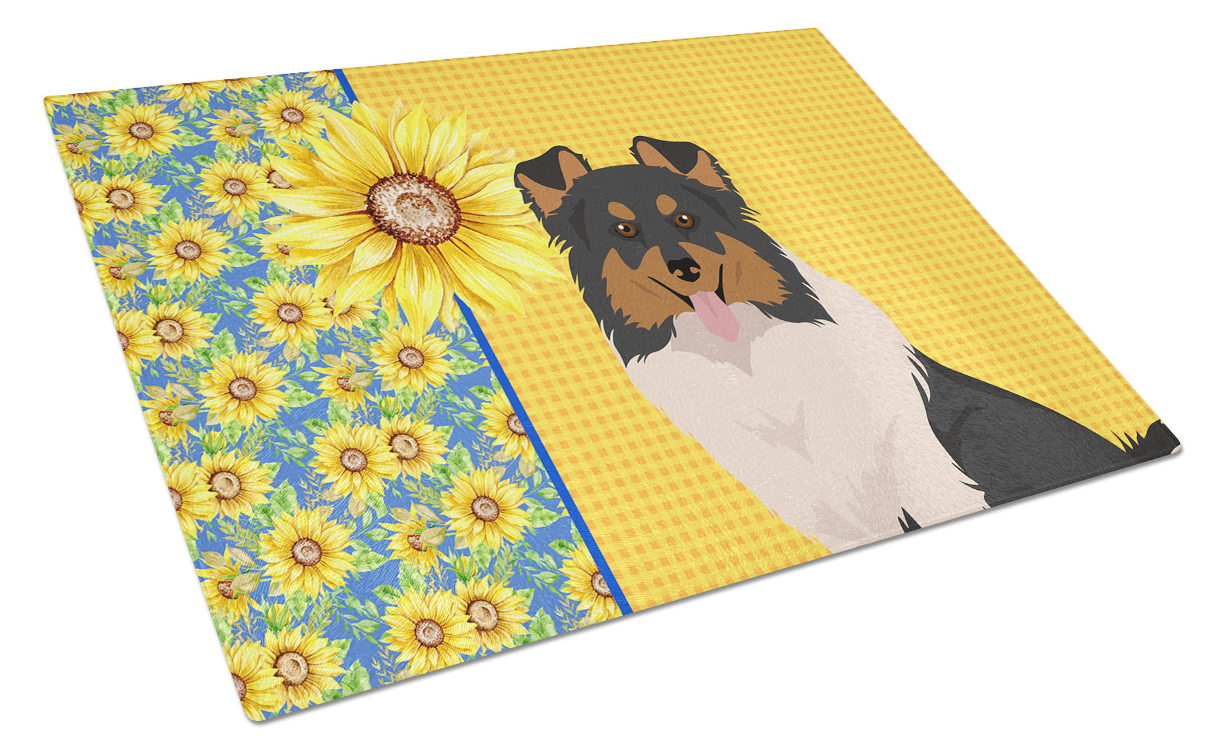 Summer Sunflowers Tricolor Sheltie Glass Cutting Board Decorative Tempered Glass Kitchen Cutting and Serving Board Large Size Chopping Board