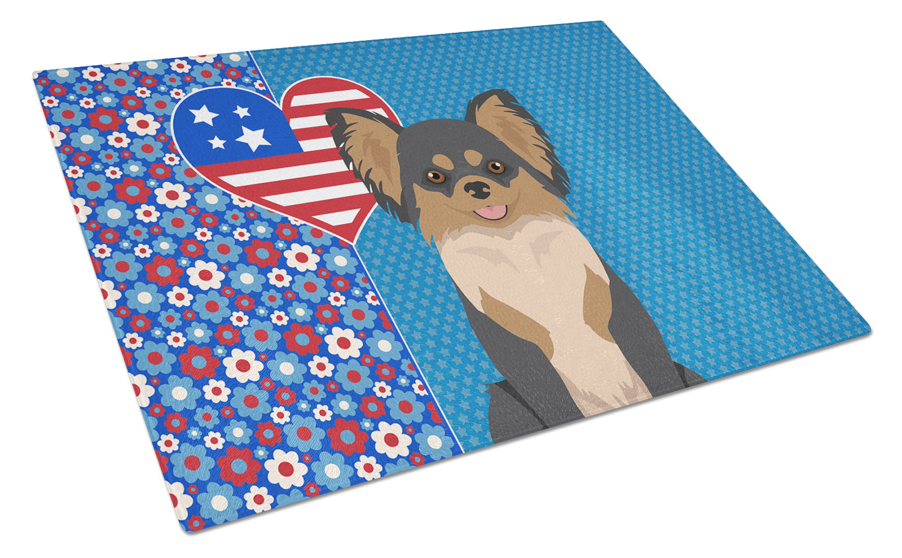 Longhaired Black and Tan Chihuahua USA American Glass Cutting Board Decorative Tempered Glass Kitchen Cutting and Serving Board Large Size Chopping Board