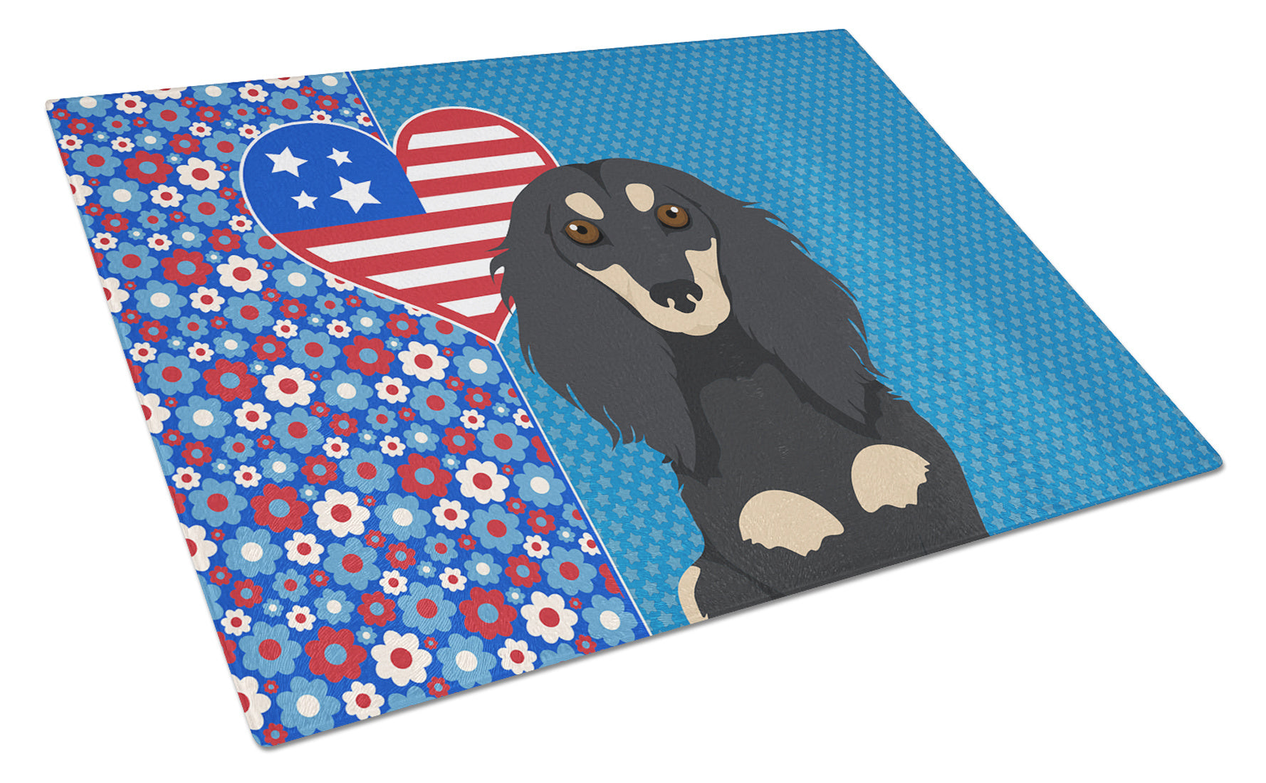 Longhair Black and Cream Dachshund USA American Glass Cutting Board Decorative Tempered Glass Kitchen Cutting and Serving Board Large Size Chopping Board