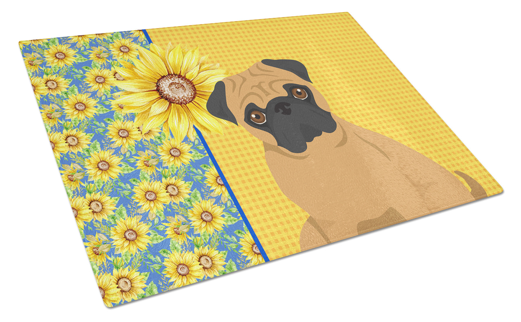 Summer Sunflowers Apricot Pug Glass Cutting Board Decorative Tempered Glass Kitchen Cutting and Serving Board Large Size Chopping Board