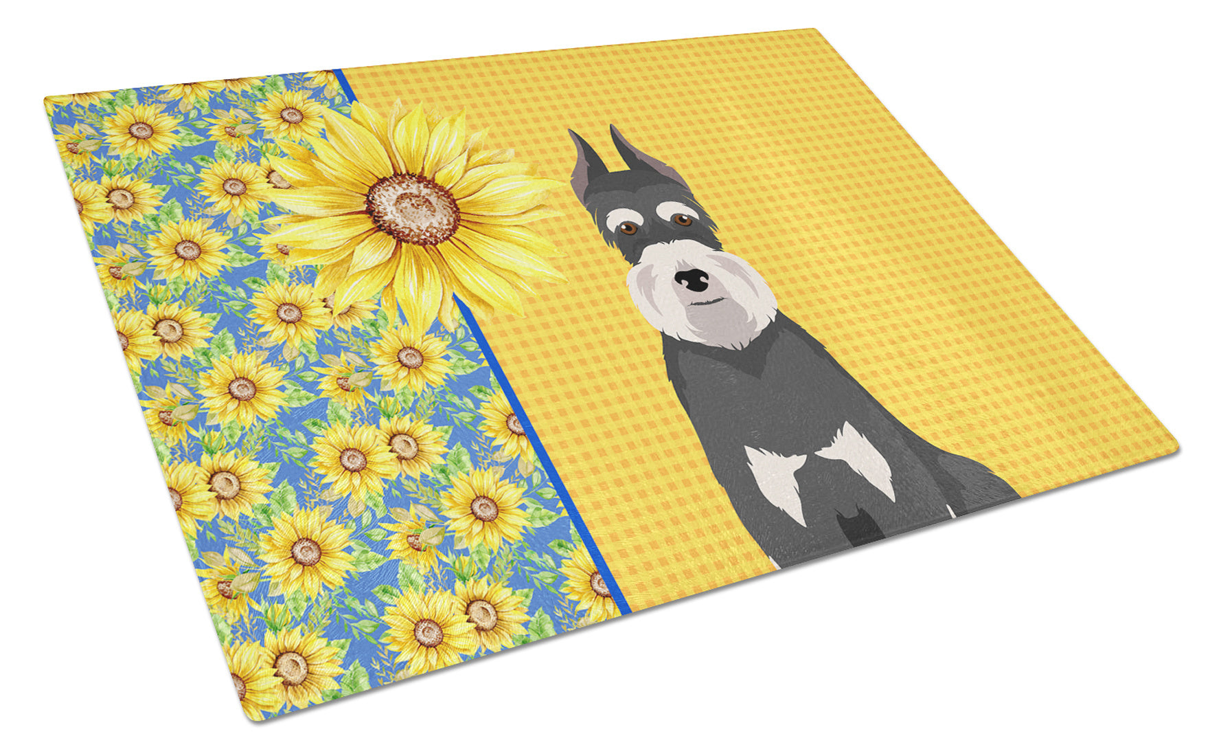 Summer Sunflowers Black and Silver Schnauzer Glass Cutting Board Decorative Tempered Glass Kitchen Cutting and Serving Board Large Size Chopping Board