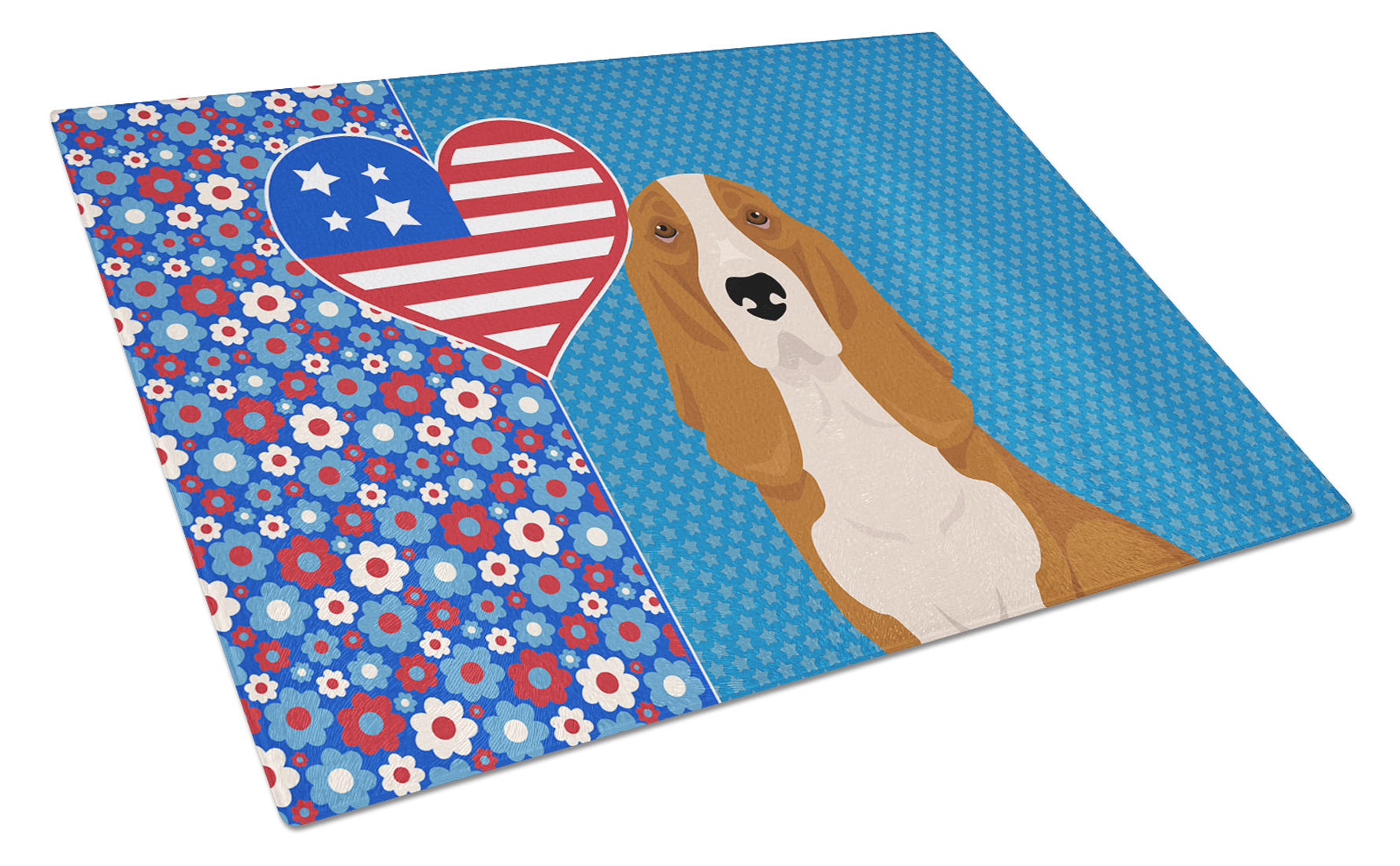 Red and White Tricolor Basset Hound USA American Glass Cutting Board Decorative Tempered Glass Kitchen Cutting and Serving Board Large Size Chopping Board