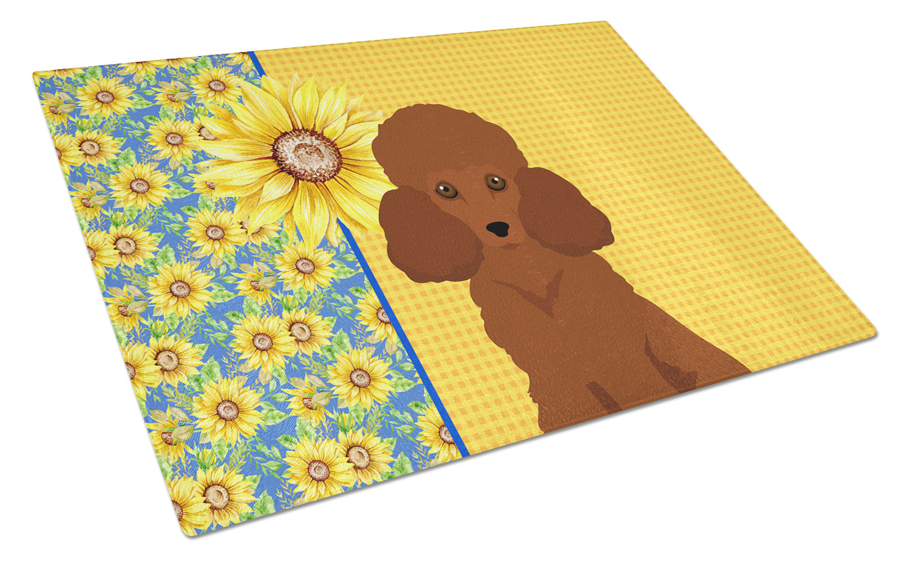 Summer Sunflowers Toy Red Poodle Glass Cutting Board Decorative Tempered Glass Kitchen Cutting and Serving Board Large Size Chopping Board