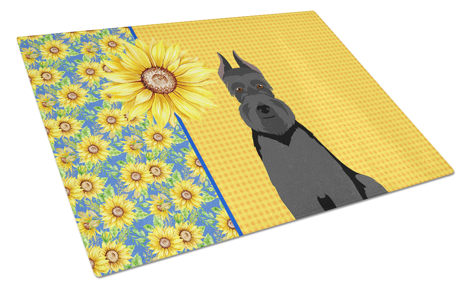 Summer Sunflowers Black Schnauzer Glass Cutting Board Decorative Tempered Glass Kitchen Cutting and Serving Board Large Size Chopping Board