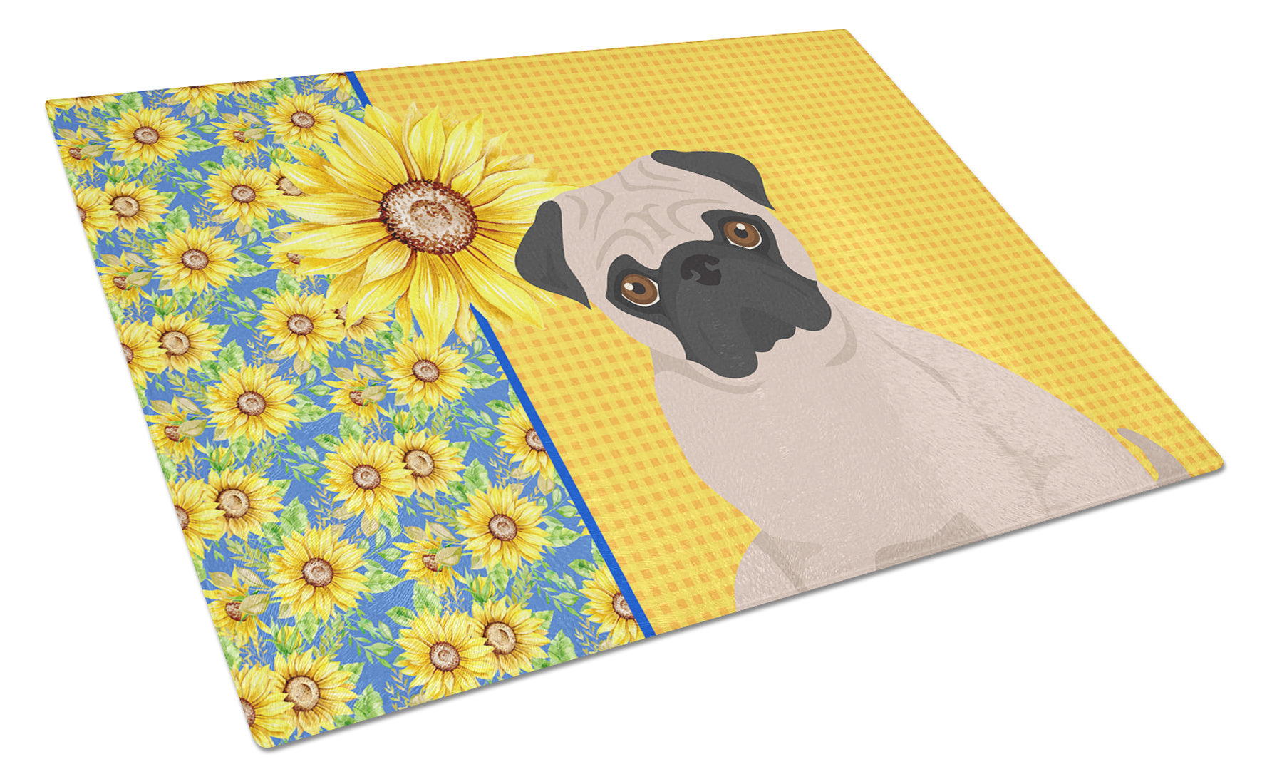 Summer Sunflowers Fawn Pug Glass Cutting Board Decorative Tempered Glass Kitchen Cutting and Serving Board Large Size Chopping Board