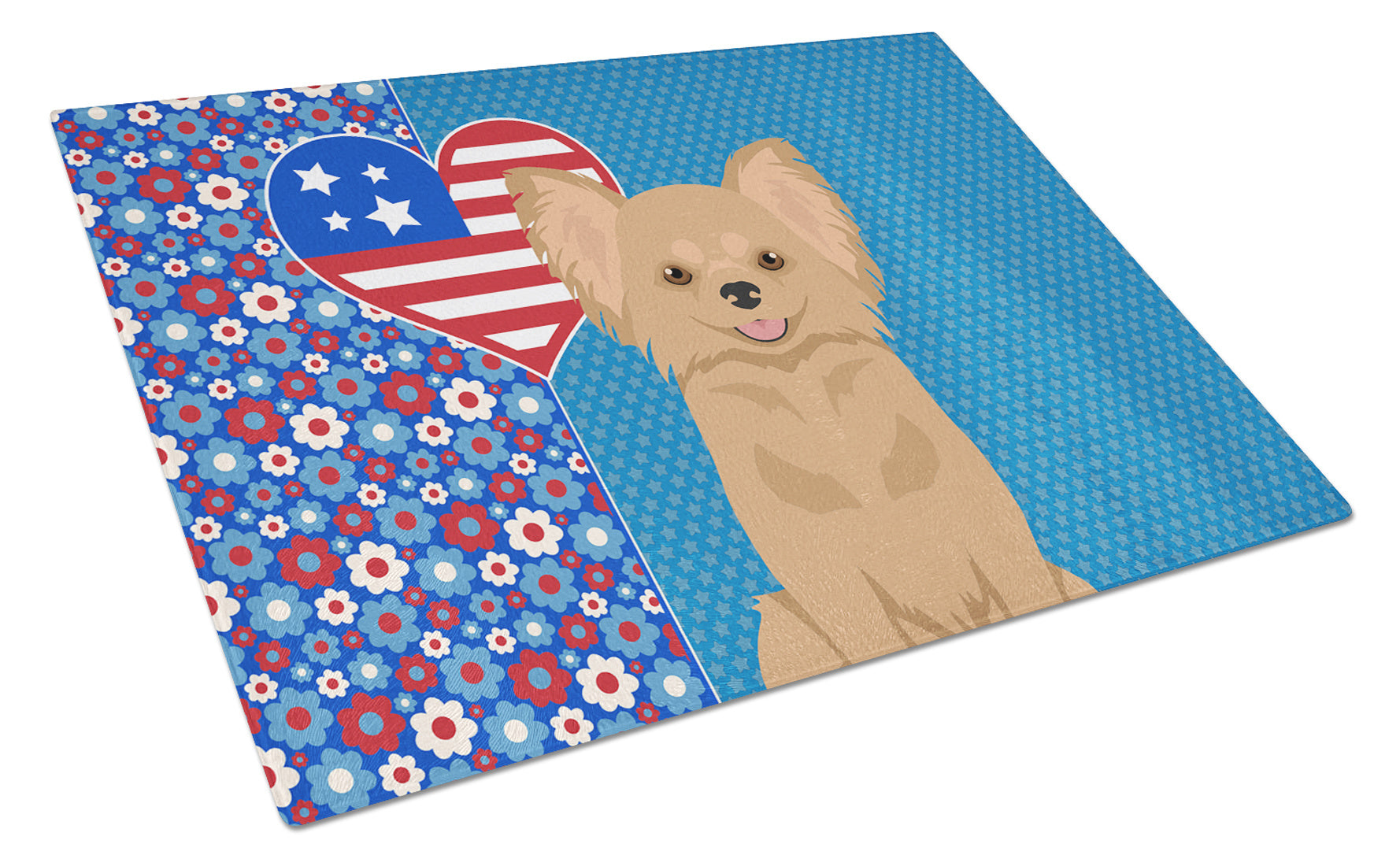 Longhaired Gold Chihuahua USA American Glass Cutting Board Decorative Tempered Glass Kitchen Cutting and Serving Board Large Size Chopping Board