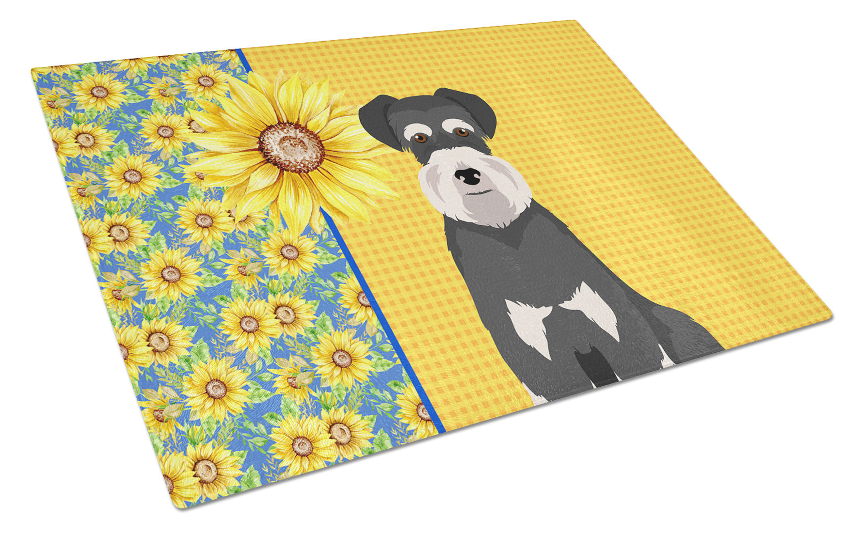 Summer Sunflowers Black and Silver Natural Ears Schnauzer Glass Cutting Board Decorative Tempered Glass Kitchen Cutting and Serving Board Large Size Chopping Board