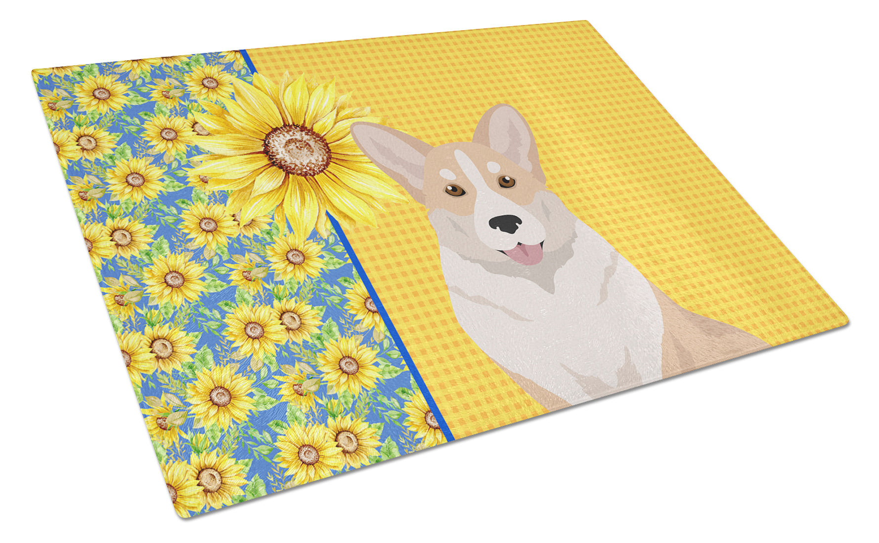 Summer Sunflowers Fawn Cardigan Corgi Glass Cutting Board Decorative Tempered Glass Kitchen Cutting and Serving Board Large Size Chopping Board