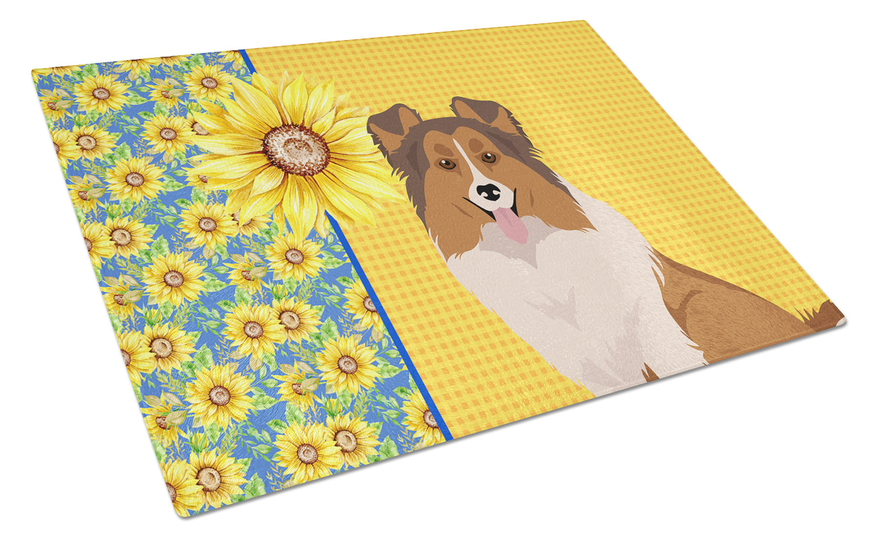 Summer Sunflowers Sable Sheltie Glass Cutting Board Decorative Tempered Glass Kitchen Cutting and Serving Board Large Size Chopping Board