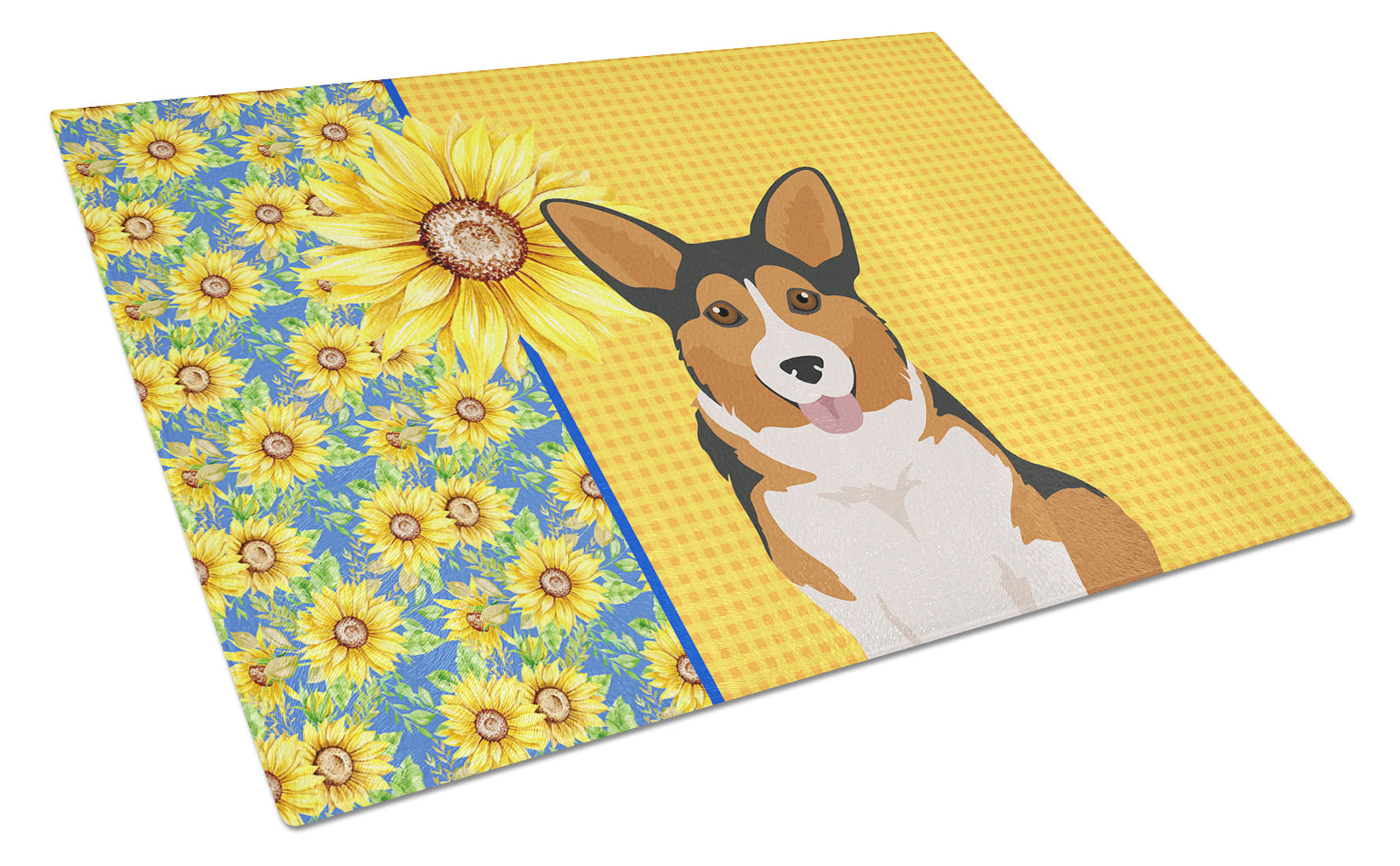 Summer Sunflowers Sable Pembroke Corgi Glass Cutting Board Decorative Tempered Glass Kitchen Cutting and Serving Board Large Size Chopping Board