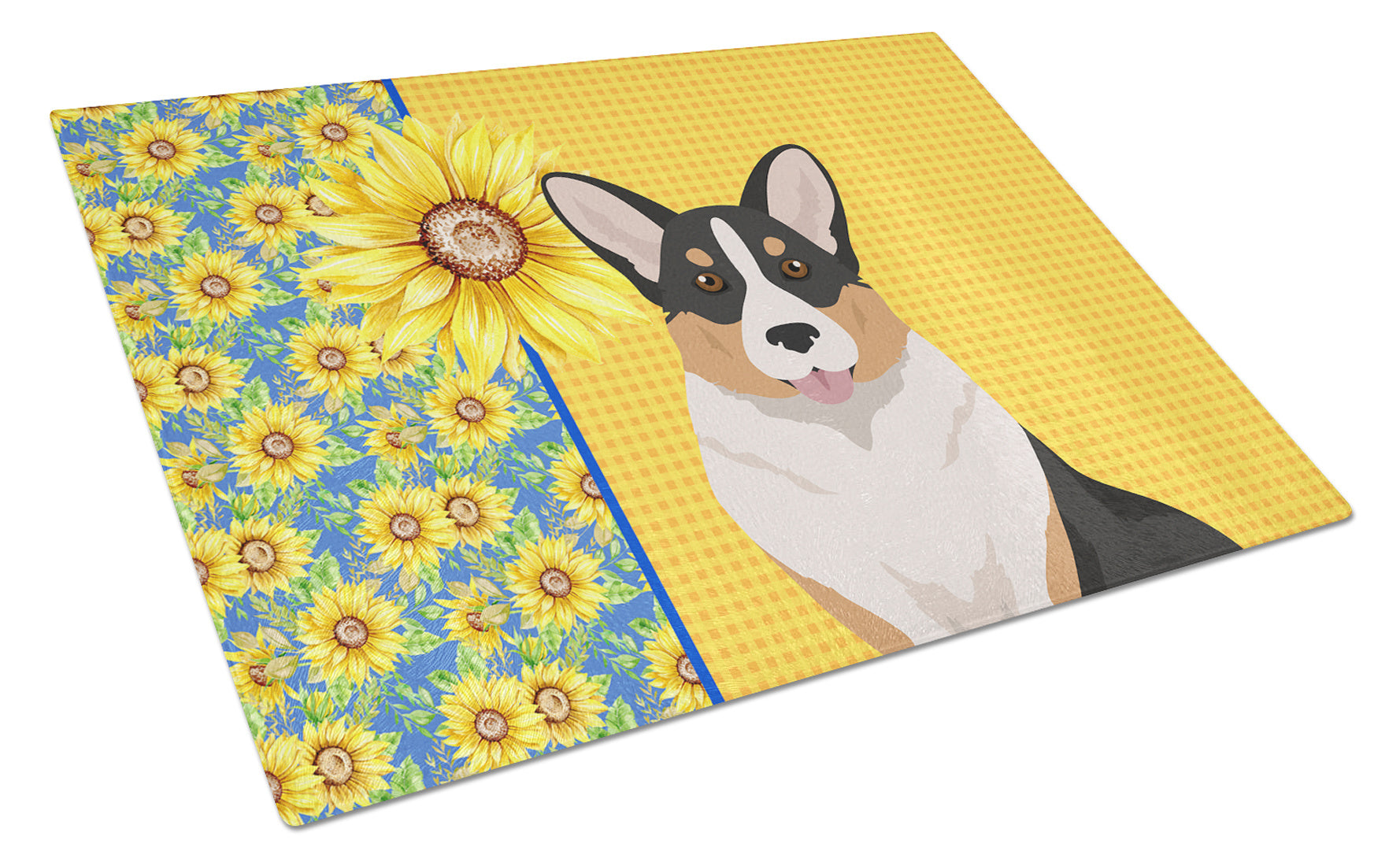 Summer Sunflowers Tricolor Cardigan Corgi Glass Cutting Board Decorative Tempered Glass Kitchen Cutting and Serving Board Large Size Chopping Board