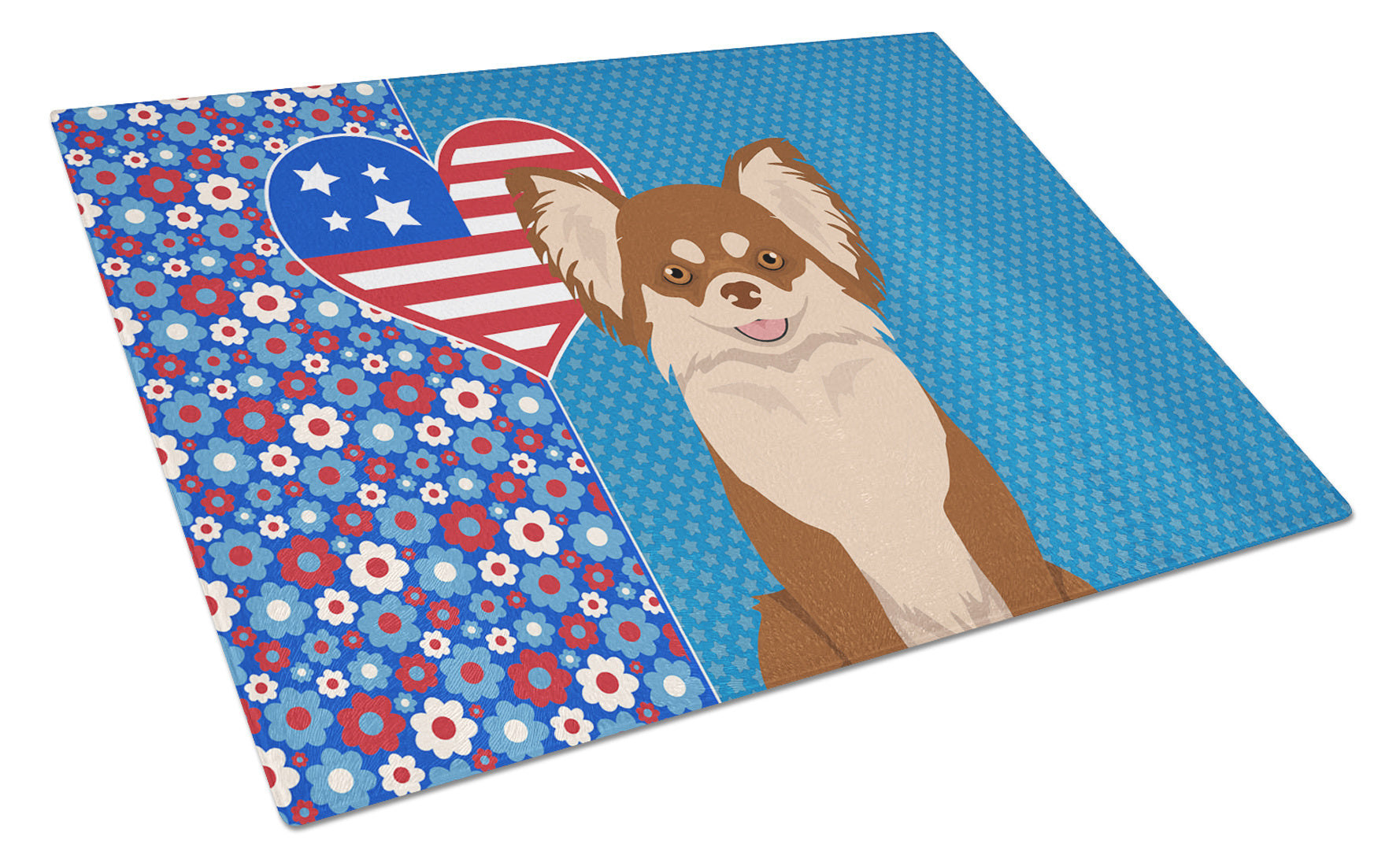 Longhaired Chocolate and White Chihuahua USA American Glass Cutting Board Decorative Tempered Glass Kitchen Cutting and Serving Board Large Size Chopping Board