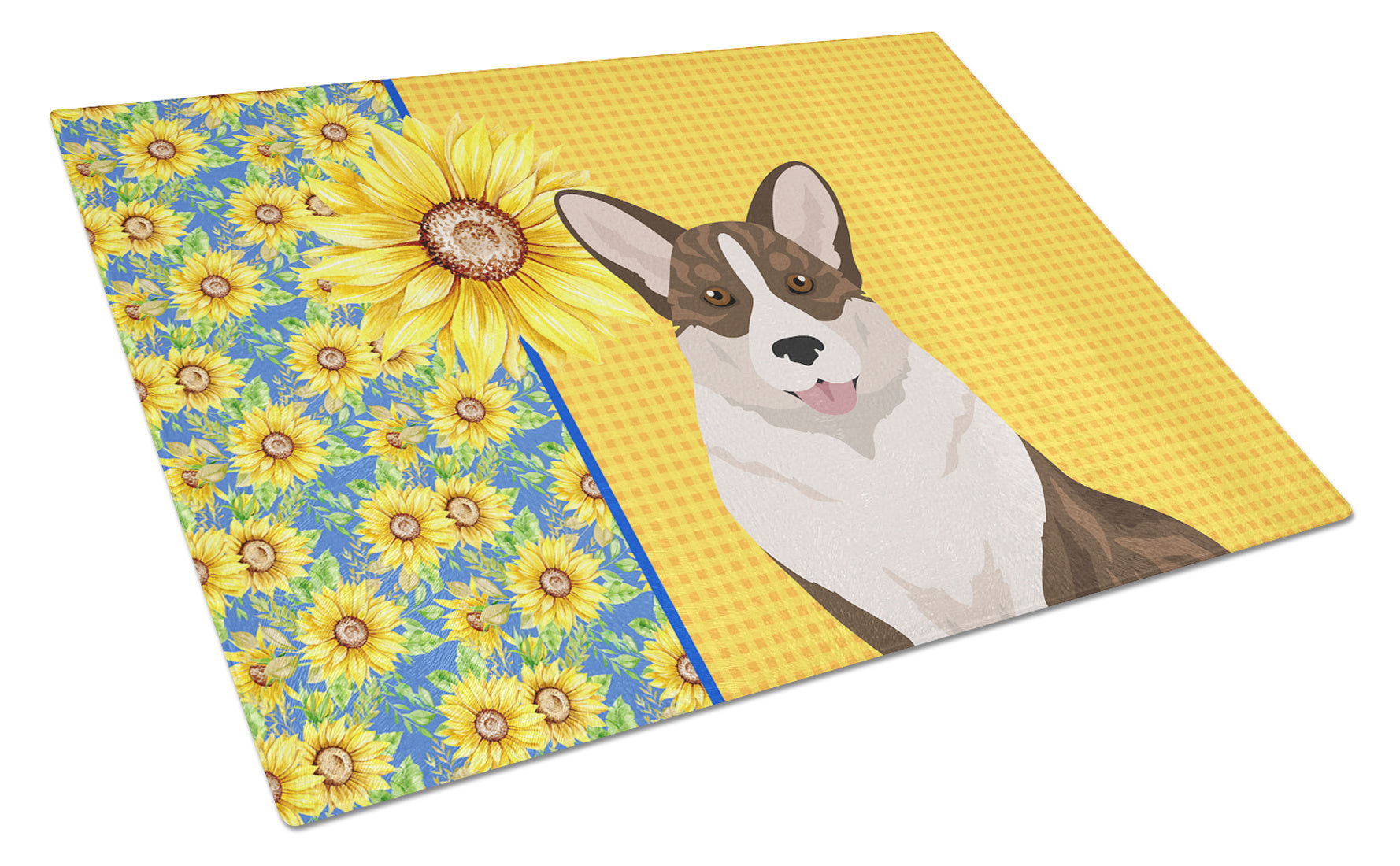 Summer Sunflowers Brindle Cardigan Corgi Glass Cutting Board Decorative Tempered Glass Kitchen Cutting and Serving Board Large Size Chopping Board