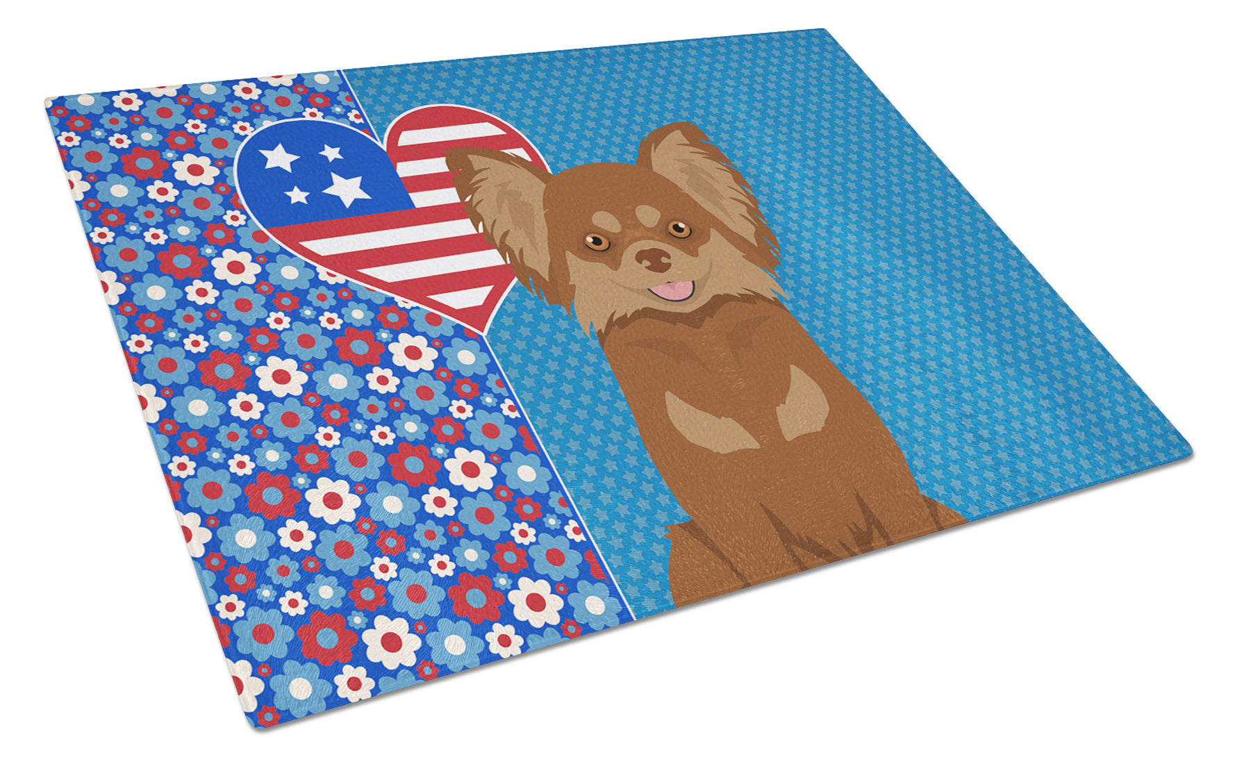 Longhaired Chocolate and Tan Chihuahua USA American Glass Cutting Board Decorative Tempered Glass Kitchen Cutting and Serving Board Large Size Chopping Board