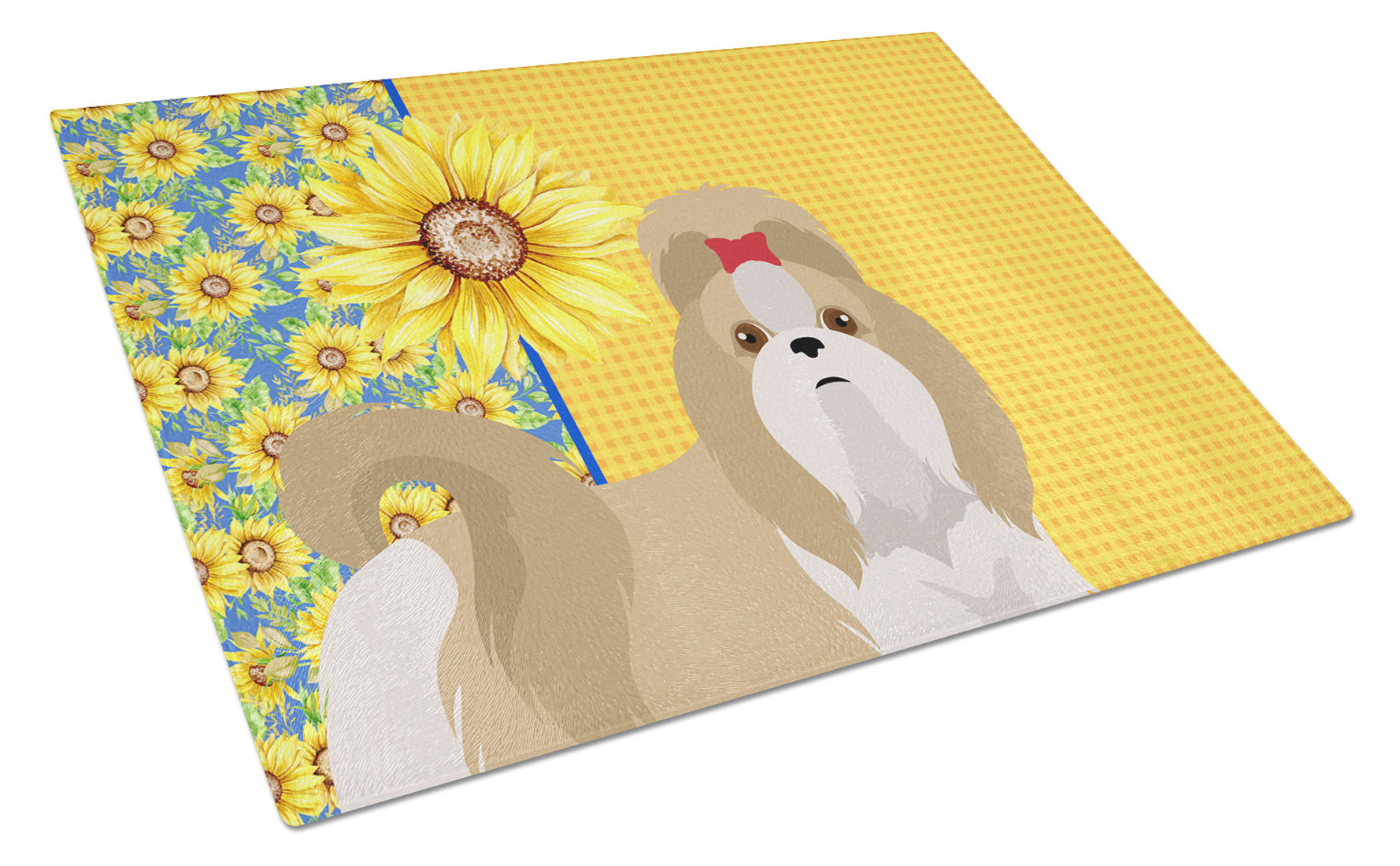 Summer Sunflowers Gold and White Shih Tzu Glass Cutting Board Decorative Tempered Glass Kitchen Cutting and Serving Board Large Size Chopping Board