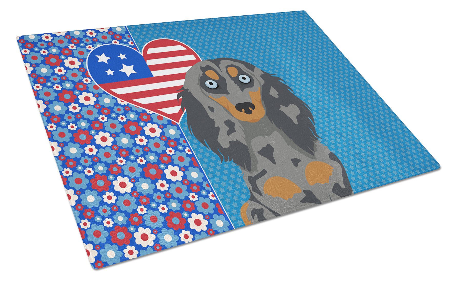 Longhair Blue and Tan Dapple Dachshund USA American Glass Cutting Board Decorative Tempered Glass Kitchen Cutting and Serving Board Large Size Chopping Board