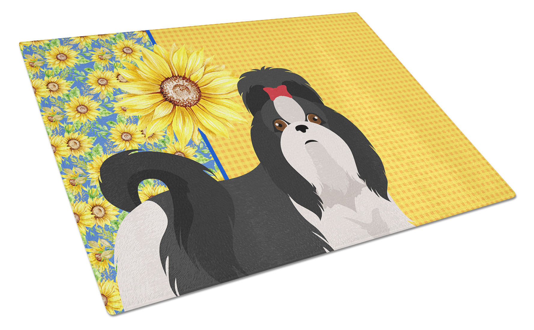 Summer Sunflowers Black and White Shih Tzu Glass Cutting Board Decorative Tempered Glass Kitchen Cutting and Serving Board Large Size Chopping Board