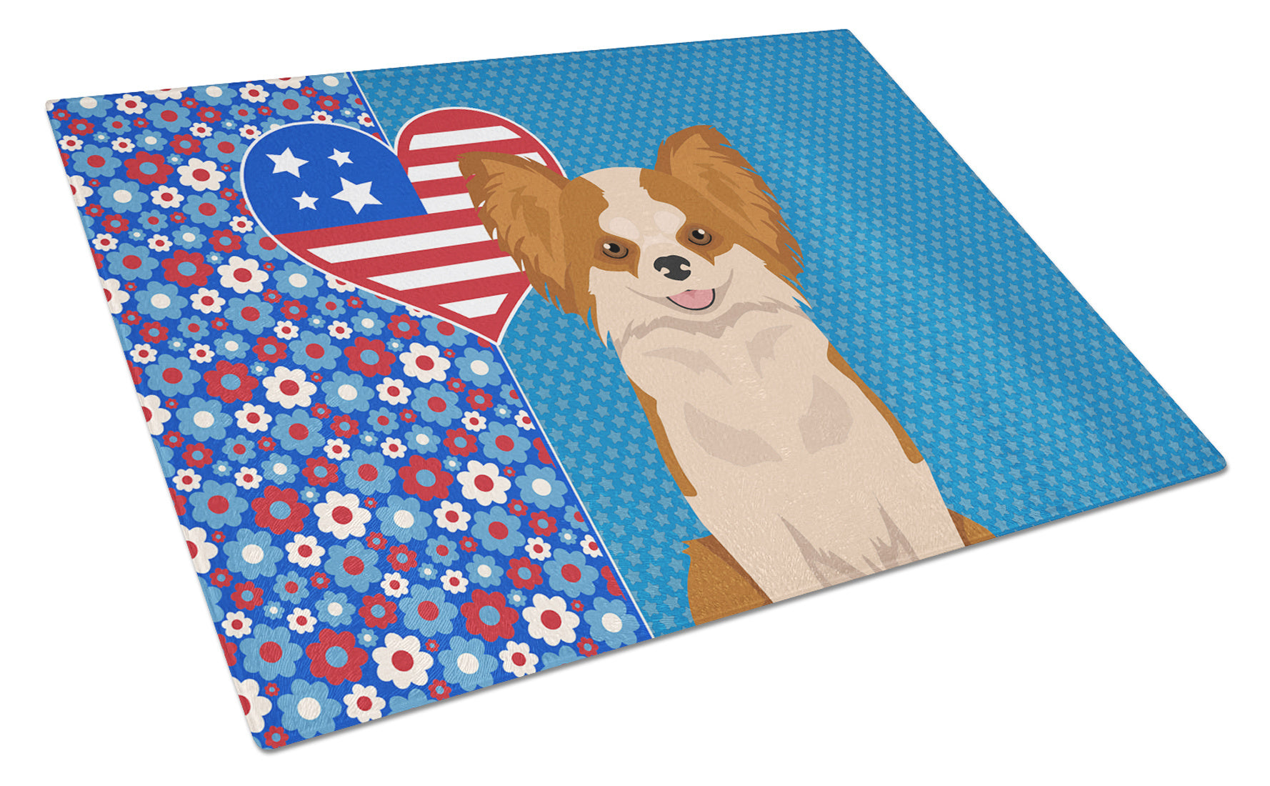 Longhaired Red and White Chihuahua USA American Glass Cutting Board Decorative Tempered Glass Kitchen Cutting and Serving Board Large Size Chopping Board