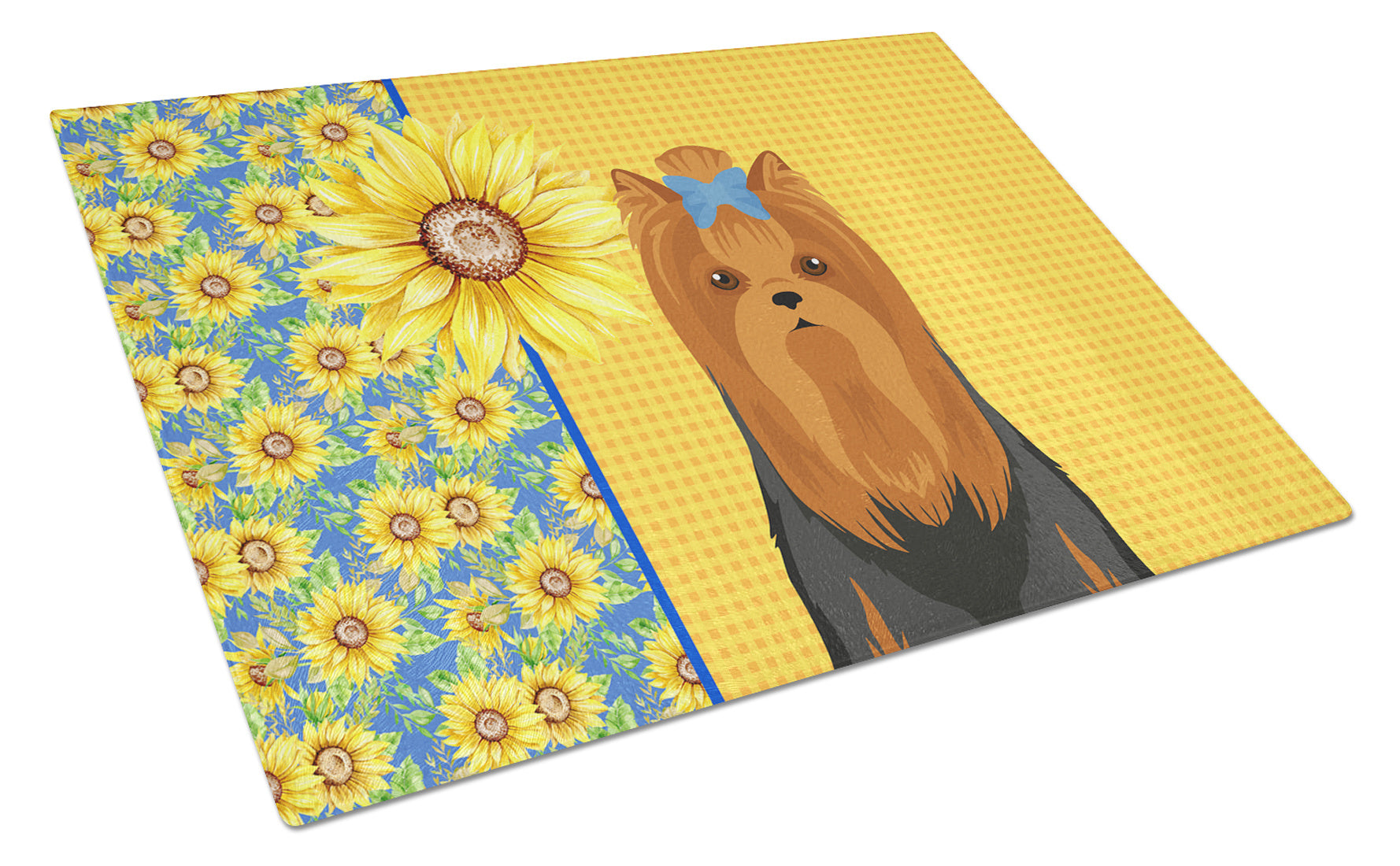 Summer Sunflowers Black and Tan Full Coat Yorkshire Terrier Glass Cutting Board Decorative Tempered Glass Kitchen Cutting and Serving Board Large Size Chopping Board