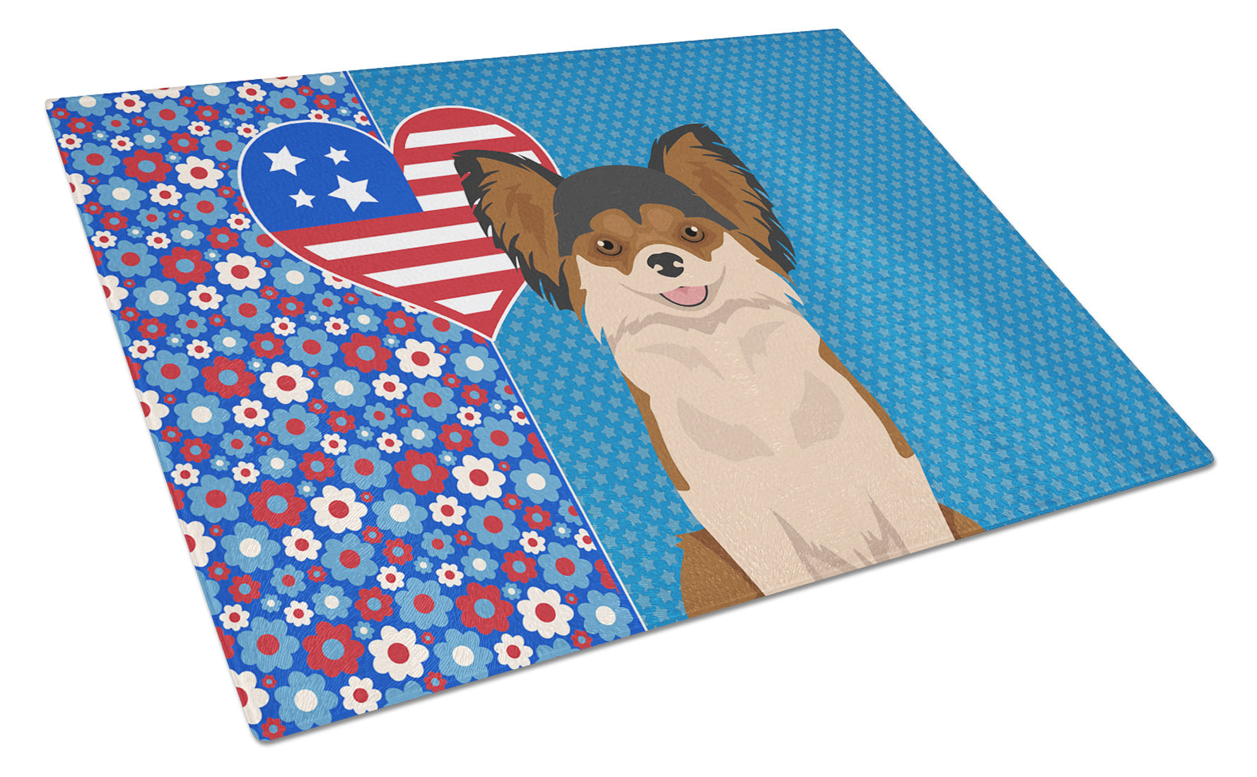 Longhaired Black and Red Chihuahua USA American Glass Cutting Board Decorative Tempered Glass Kitchen Cutting and Serving Board Large Size Chopping Board