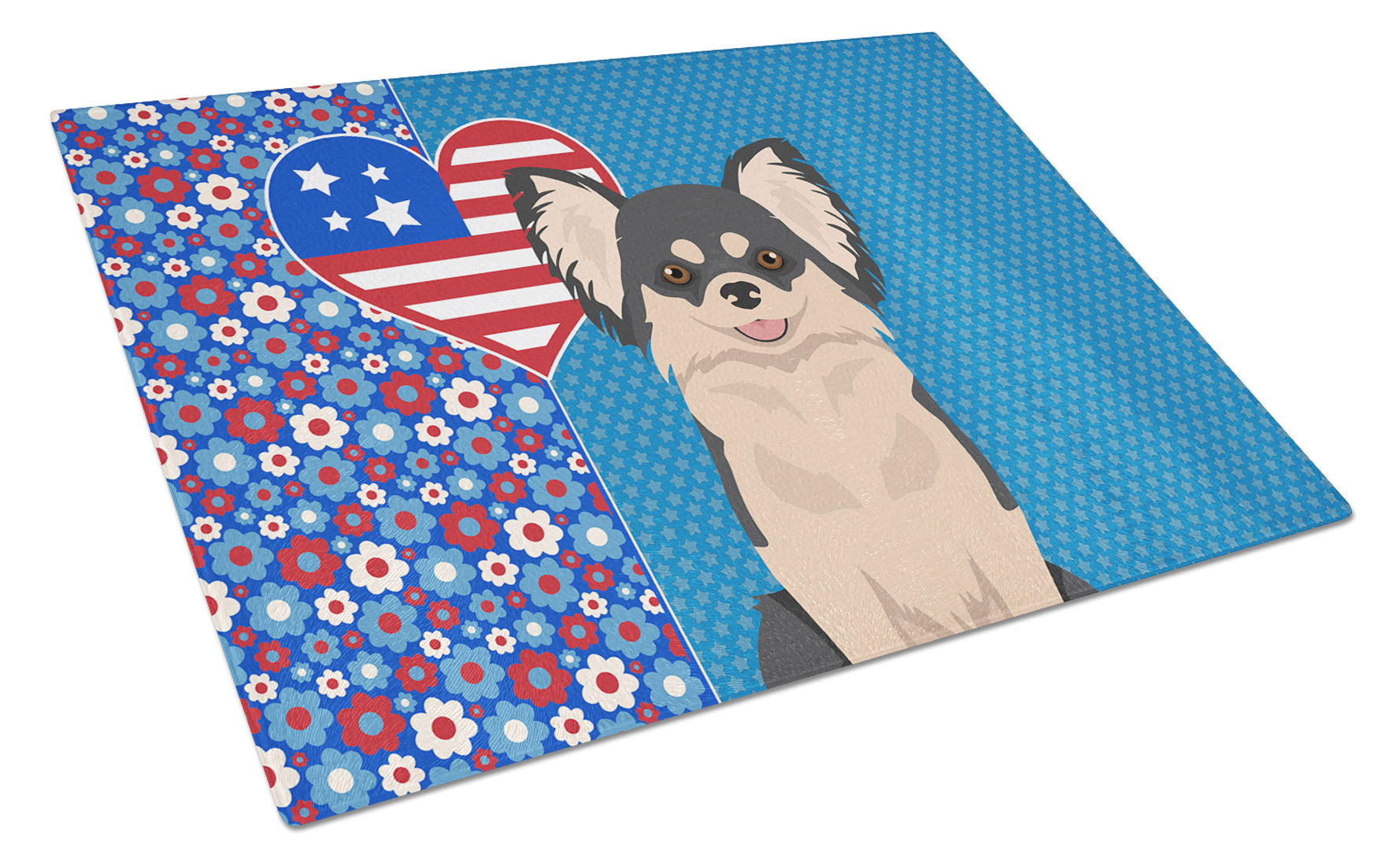 Longhaired Black and White Chihuahua USA American Glass Cutting Board Decorative Tempered Glass Kitchen Cutting and Serving Board Large Size Chopping Board