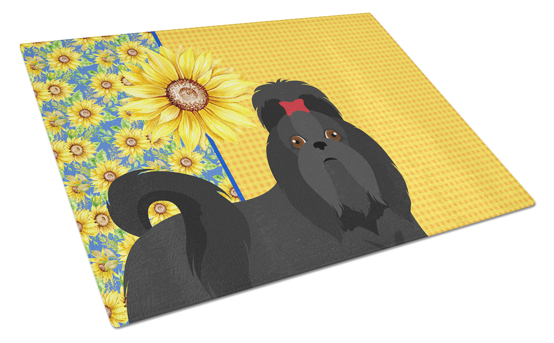 Summer Sunflowers Black Shih Tzu Glass Cutting Board Decorative Tempered Glass Kitchen Cutting and Serving Board Large Size Chopping Board