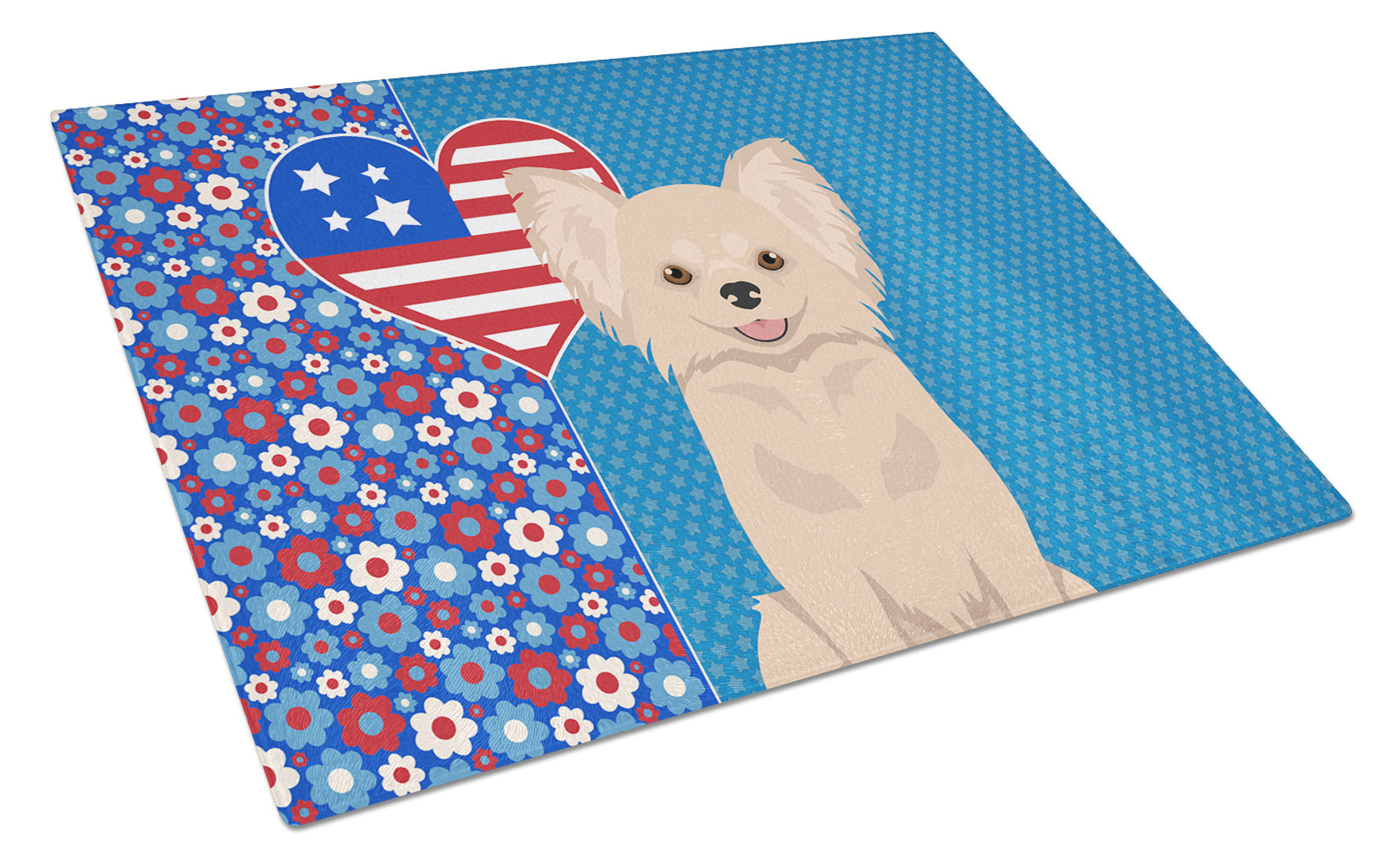 Longhaired Cream Chihuahua USA American Glass Cutting Board Decorative Tempered Glass Kitchen Cutting and Serving Board Large Size Chopping Board