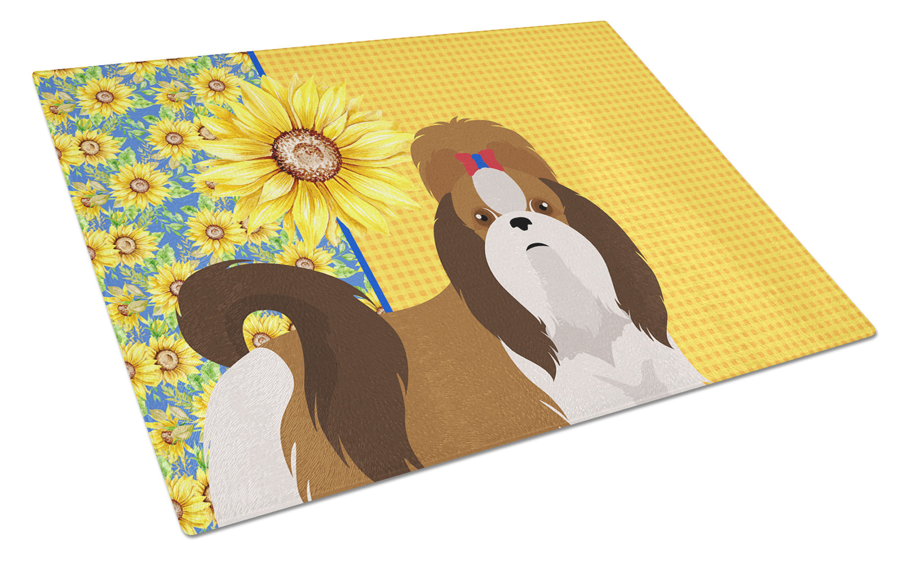 Summer Sunflowers Red and White Shih Tzu Glass Cutting Board Decorative Tempered Glass Kitchen Cutting and Serving Board Large Size Chopping Board