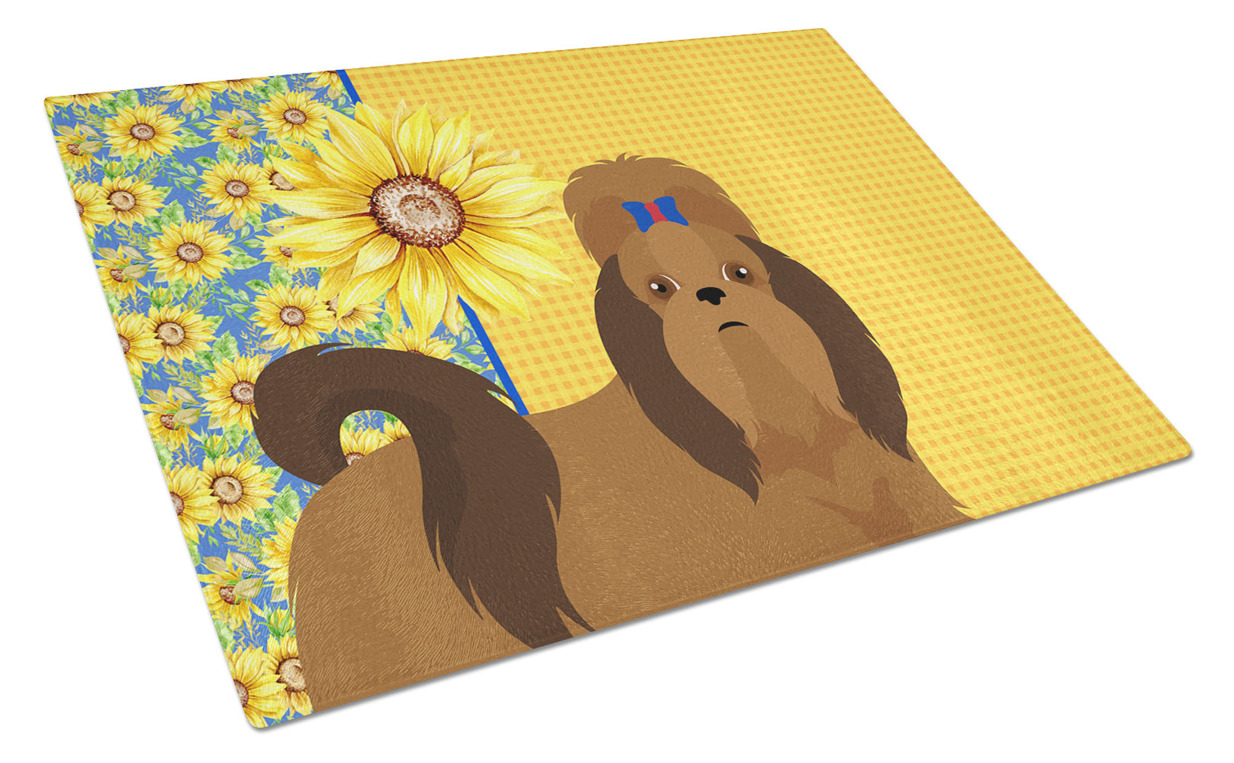 Summer Sunflowers Red Shih Tzu Glass Cutting Board Decorative Tempered Glass Kitchen Cutting and Serving Board Large Size Chopping Board