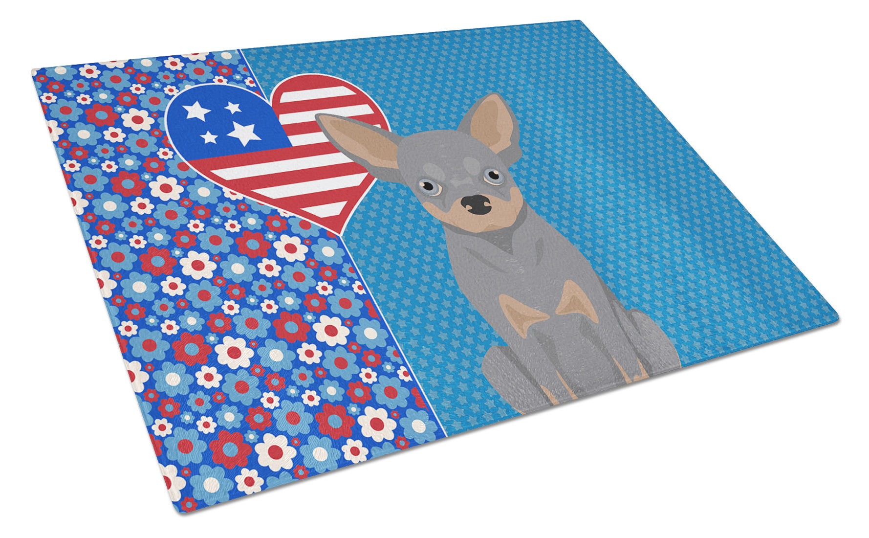 Blue and Tan Chihuahua USA American Glass Cutting Board Decorative Tempered Glass Kitchen Cutting and Serving Board Large Size Chopping Board