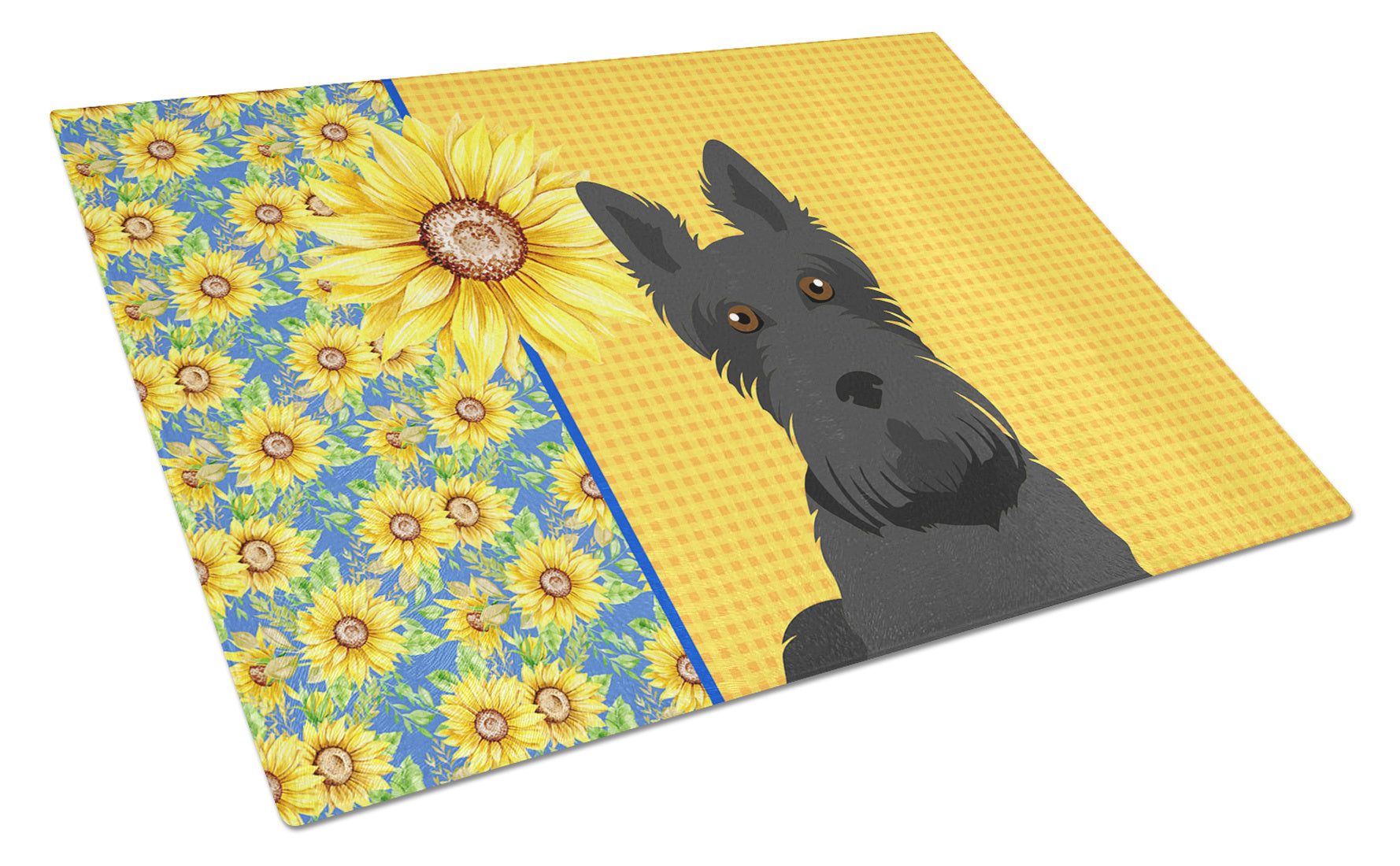 Summer Sunflowers Black Scottish Terrier Glass Cutting Board Decorative Tempered Glass Kitchen Cutting and Serving Board Large Size Chopping Board