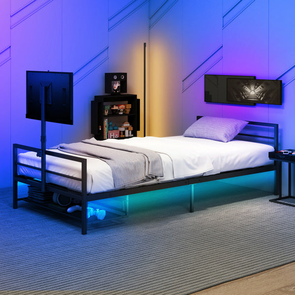 Gaming Bed With Rotating TV Mount And Metal Mesh Frame,Vented Console Storage, iron bed with led