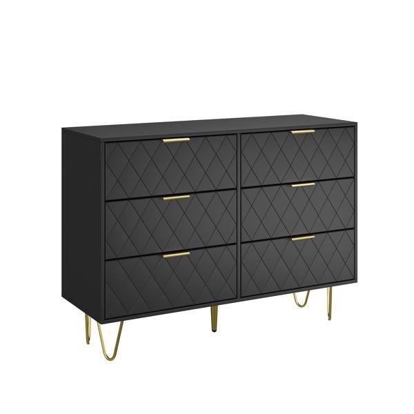 Modern black 6 Drawers for Bedroom, Modern 6 Drawer Dresser, Wide Chest of Drawers with Gold Handles, Wood Double Dresser Storage Cabinet for Living Room, Bedroom, Hallway