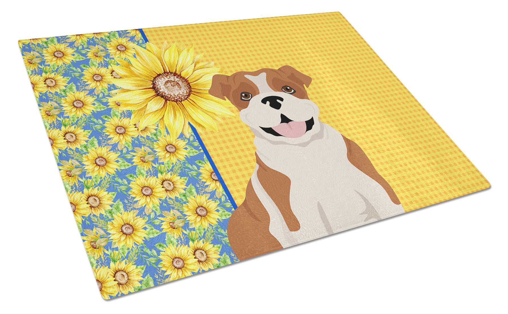 Summer Sunflowers Red English Bulldog Glass Cutting Board Decorative Tempered Glass Kitchen Cutting and Serving Board Large Size Chopping Board