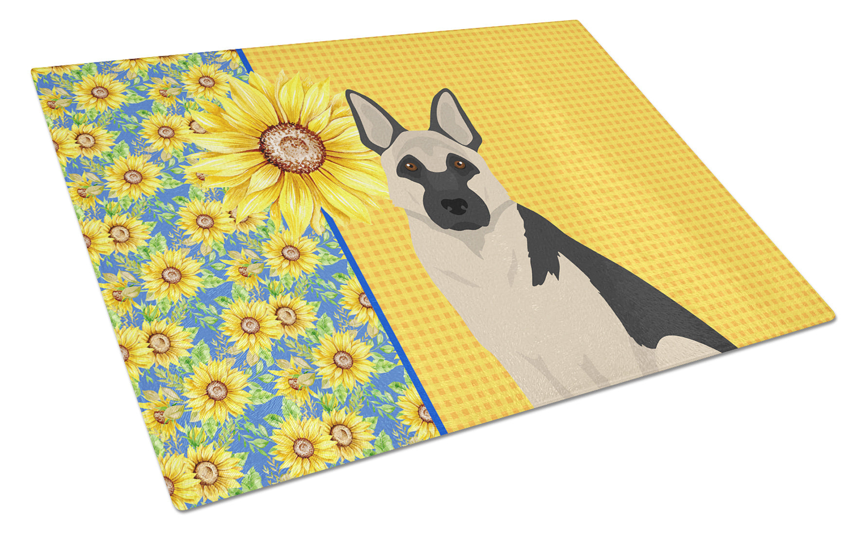 Summer Sunflowers Black and Silver German Shepherd Glass Cutting Board Decorative Tempered Glass Kitchen Cutting and Serving Board Large Size Chopping Board