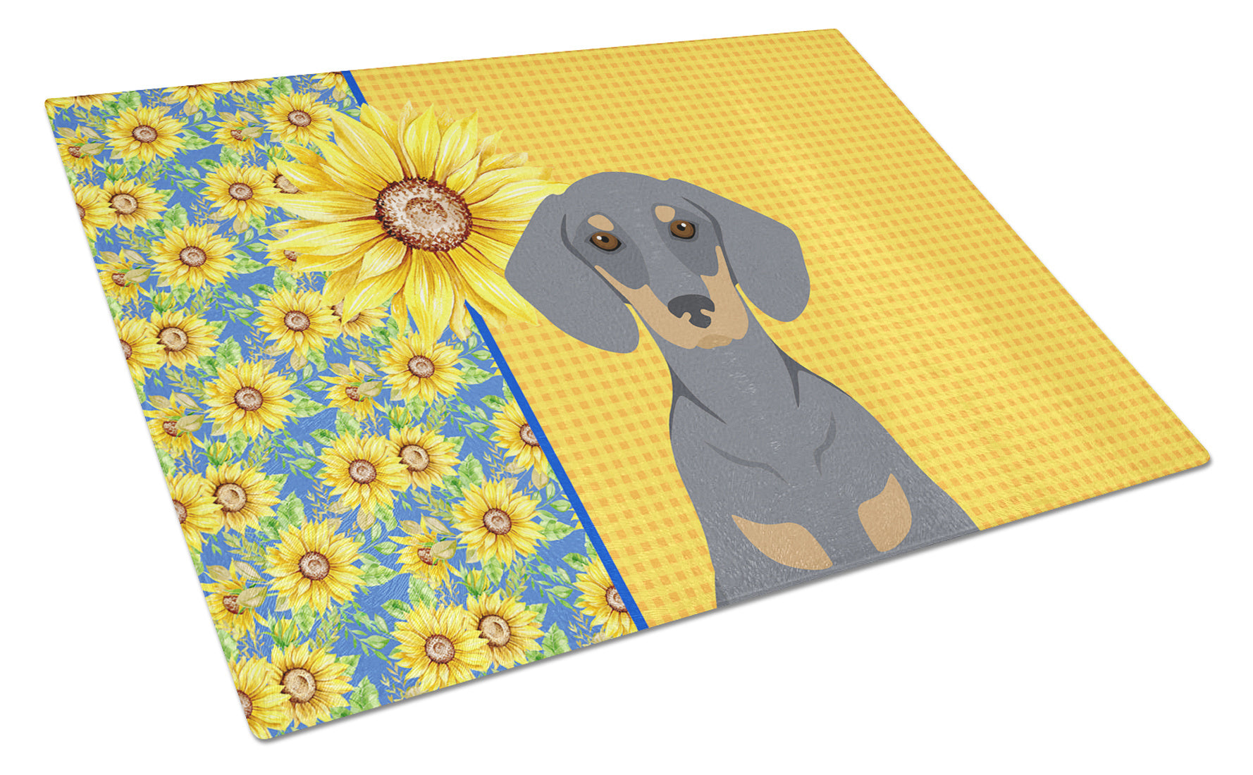 Summer Sunflowers Blue and Tan Dachshund Glass Cutting Board Decorative Tempered Glass Kitchen Cutting and Serving Board Large Size Chopping Board